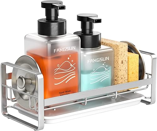 Miniatura 8 de FANGSUN Soporte grande para esponja de cocina, organizador de fregadero, soporte de jabón para cepillo de esponja con bandeja extraíble, no incluye