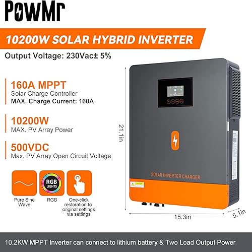 Miniatura 2 de 10200W Solar Inverter 48V DC to 220-230VAC 10.2KW Off Grid Solar Hybrid Inverter with 180A MPPT Solar Charge Controller for Home RV Off-Grid System,