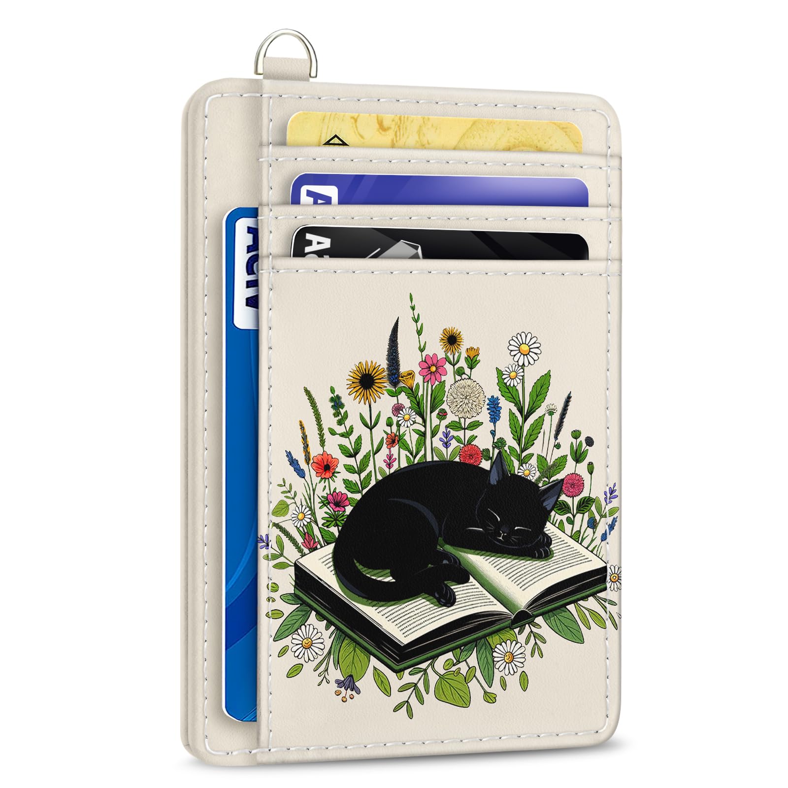 Yonlevres Credit Card Holder Slim Wallet, Floral Cat RFID Wallet Women Front Pocket Small Card Holder, Travel Cute Funny Thin RFID Blocking Case