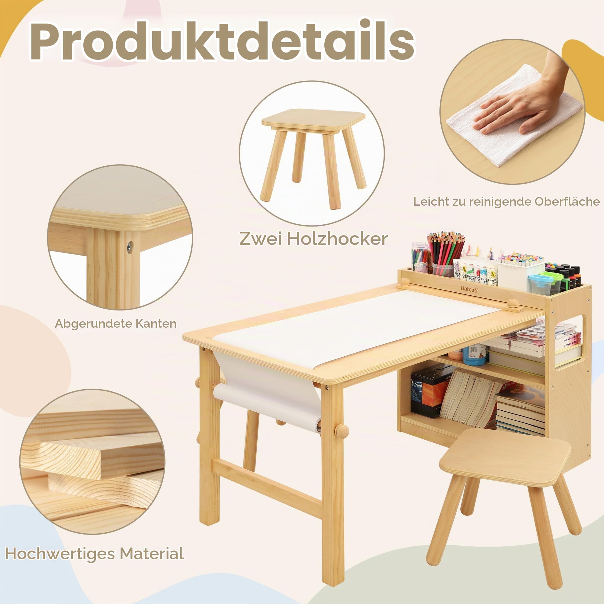 Bateso Kinder-Kunsttisch & 2 Stühle Set mit Rollenpapier - Geräumiger Basteltisch mit Ablageflächen zum Zeichnen, Arbeiten und Lernen - Ideale Holzmöbel für kreatives Spielen