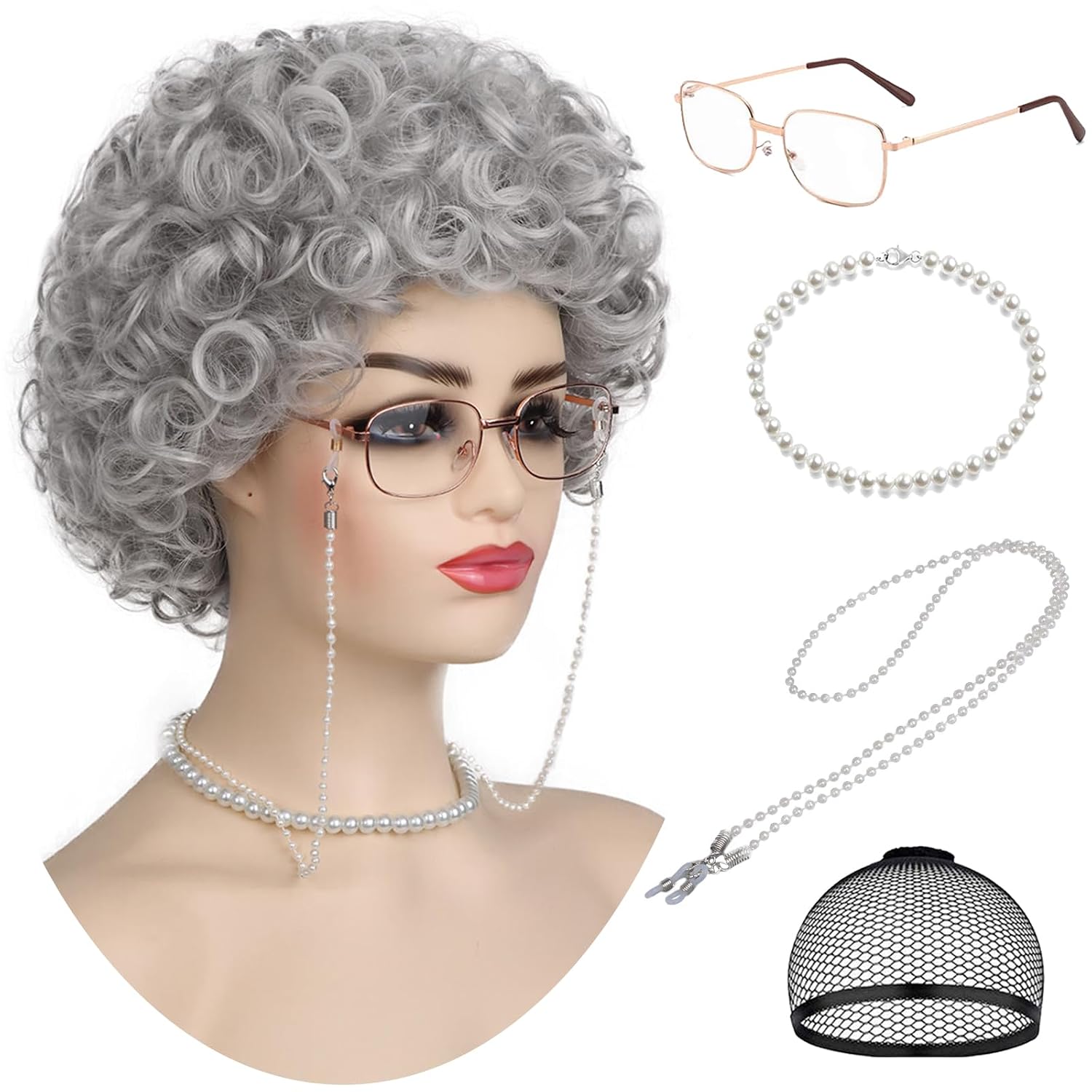 Old Lady Wig and Accessories 5pcs Set Grandma Costume Wig Set For 100 Days of School Sliver Grey Curly Granny Wig Heat Resistant Synthetic Old Women’s Wig For Cosplay Halloween Party