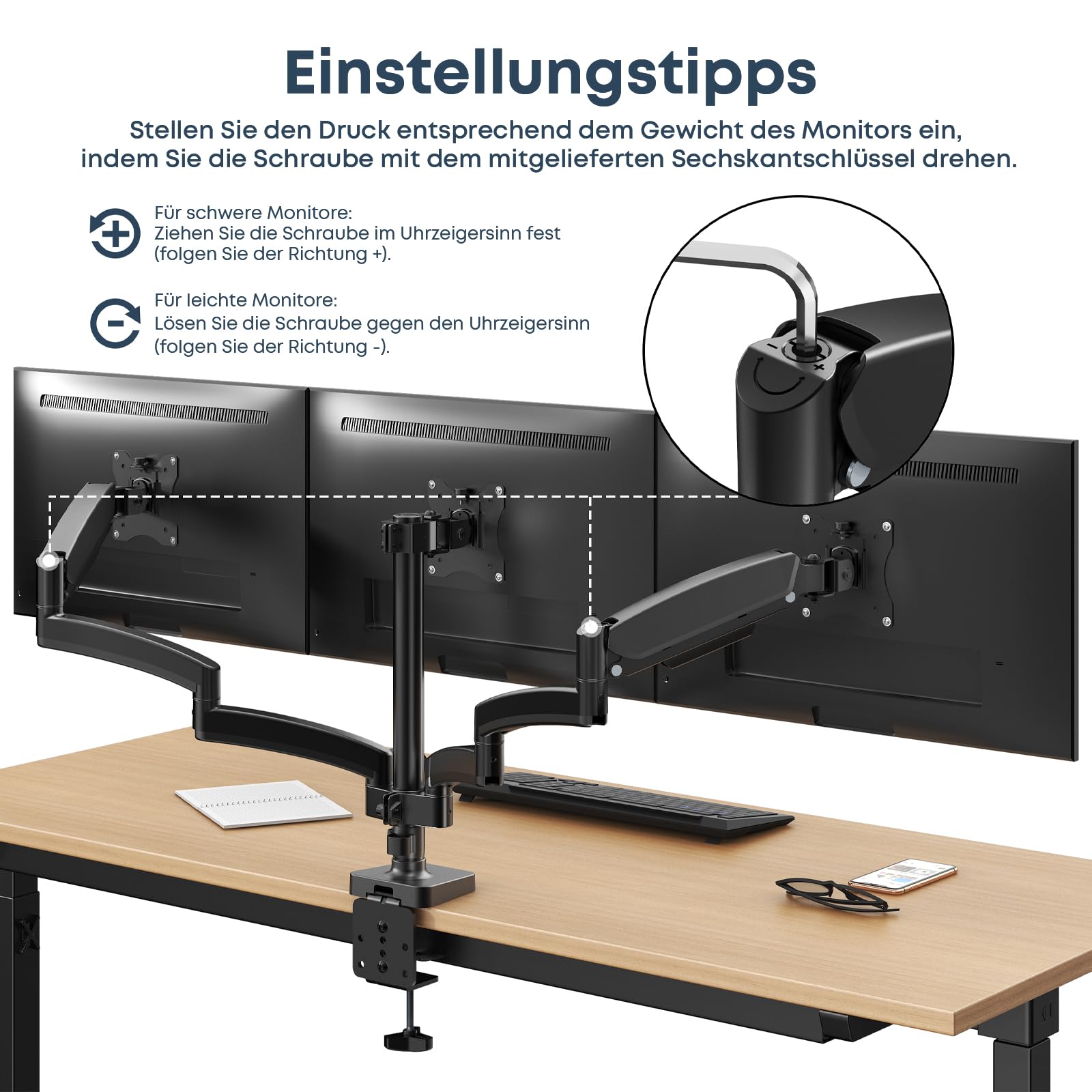 Monitor Halterung 3 Monitore, WORLDLIFT Premium Aluminium 3 Monitor Halterung für 17"-27" LED LCD Bildschirme, Höhenverstellbar Tischhalterung, 7 kg/Arm, vesa 75/100mm
