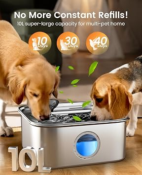 oneisall Dog Water Fountain for Large Dogs, 10L/2.6Gal Stainless Steel Automatic Dog Water Bowl Dispenser with Deeper, Wider Drinking Area, Water Window & Triple Filtration for Large Dogs & Multi-Pet