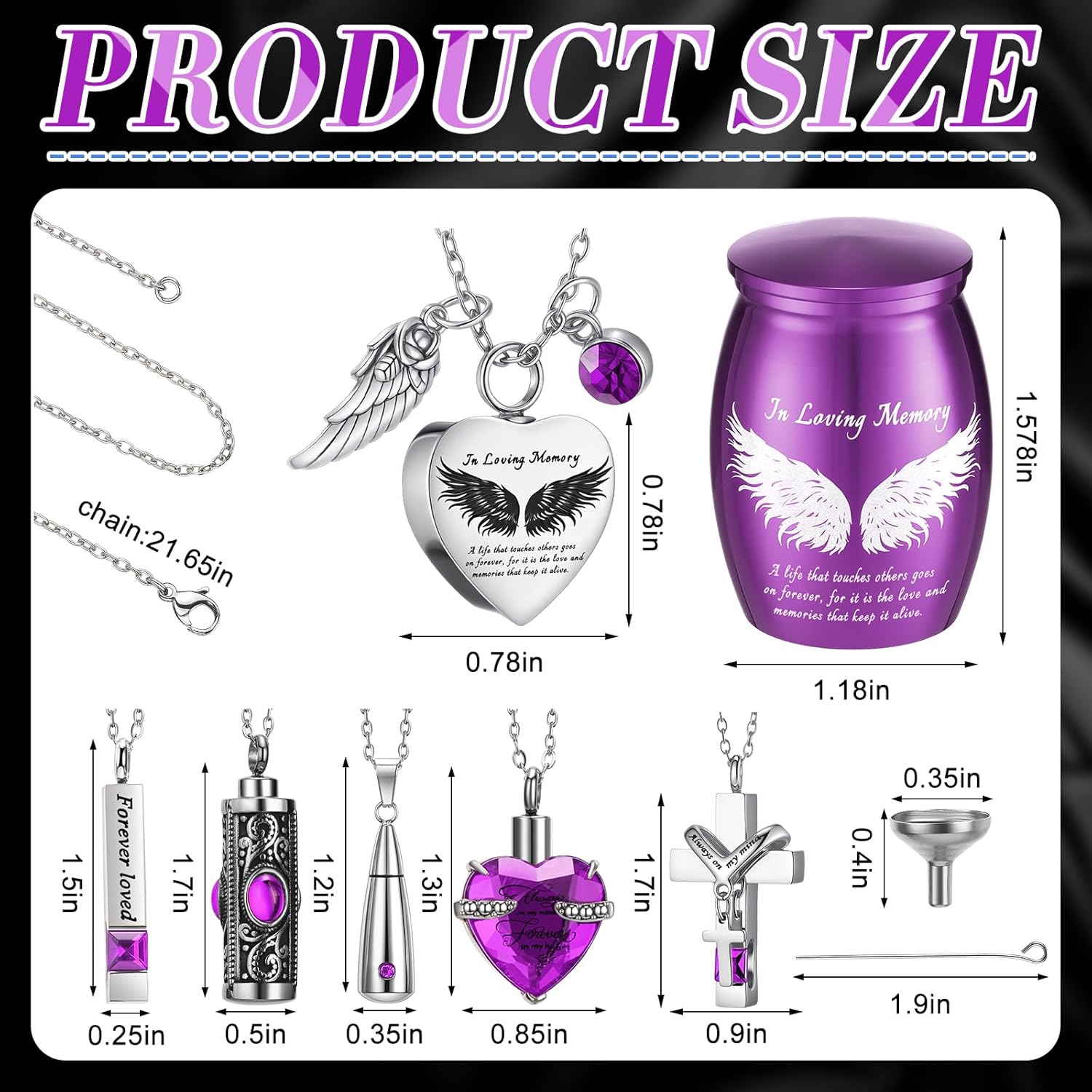 12 Set Small Urn Cremation Jewelry Necklaces for Ashes Stainless Steel Keepsake Urns Memorial Locket Mini Ash Holders Waterproof for Human Adult Female Male Family Loved One (Purple)