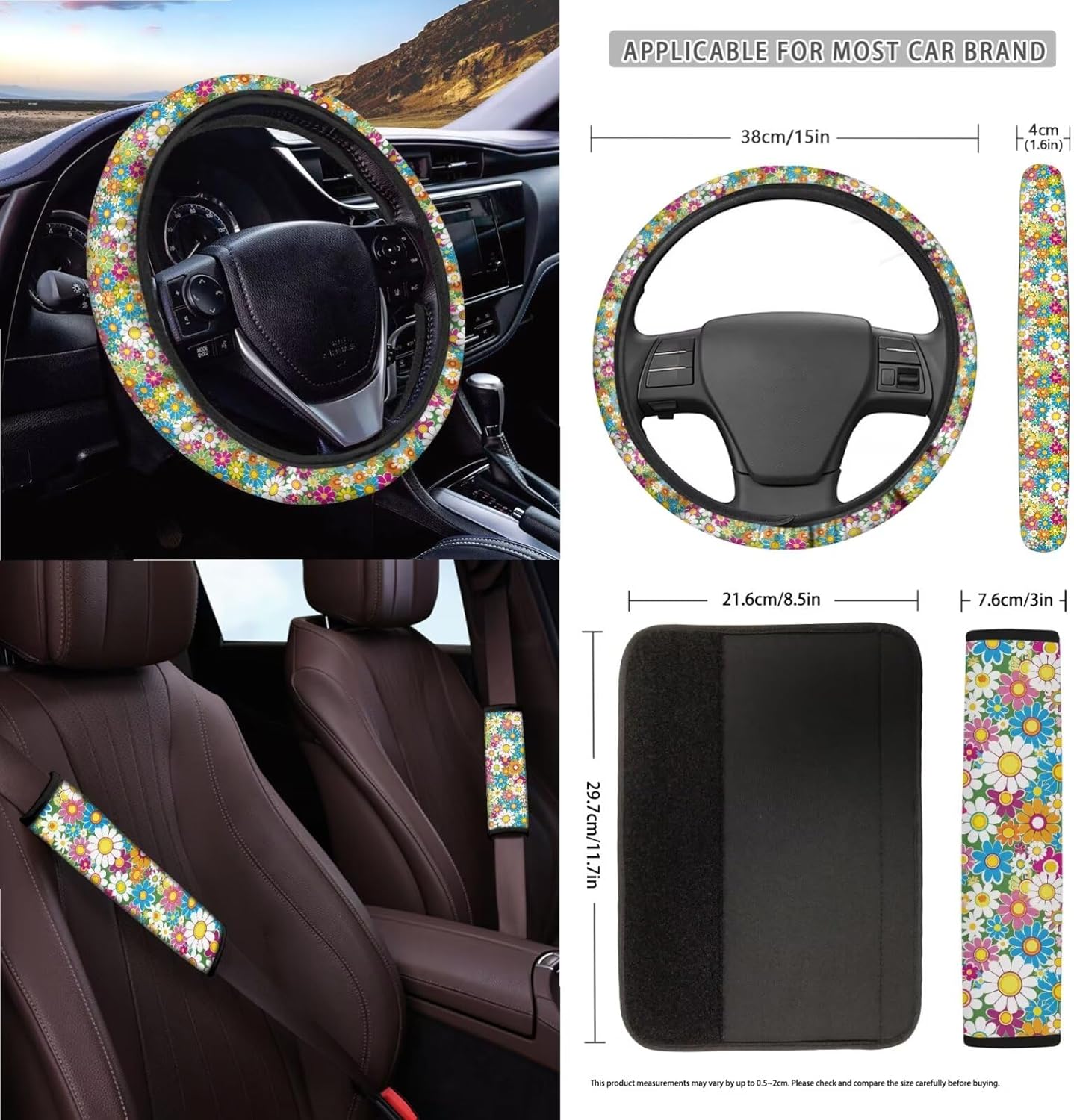 15Pcs Car Seat Cover Full Set Car Steering Wheel Cover Seat Belt Cover Trash Bin Air Vent Storage Box Front Rear View Mirror Car Cup Holder Keychain, Vibrant Hippie Flower