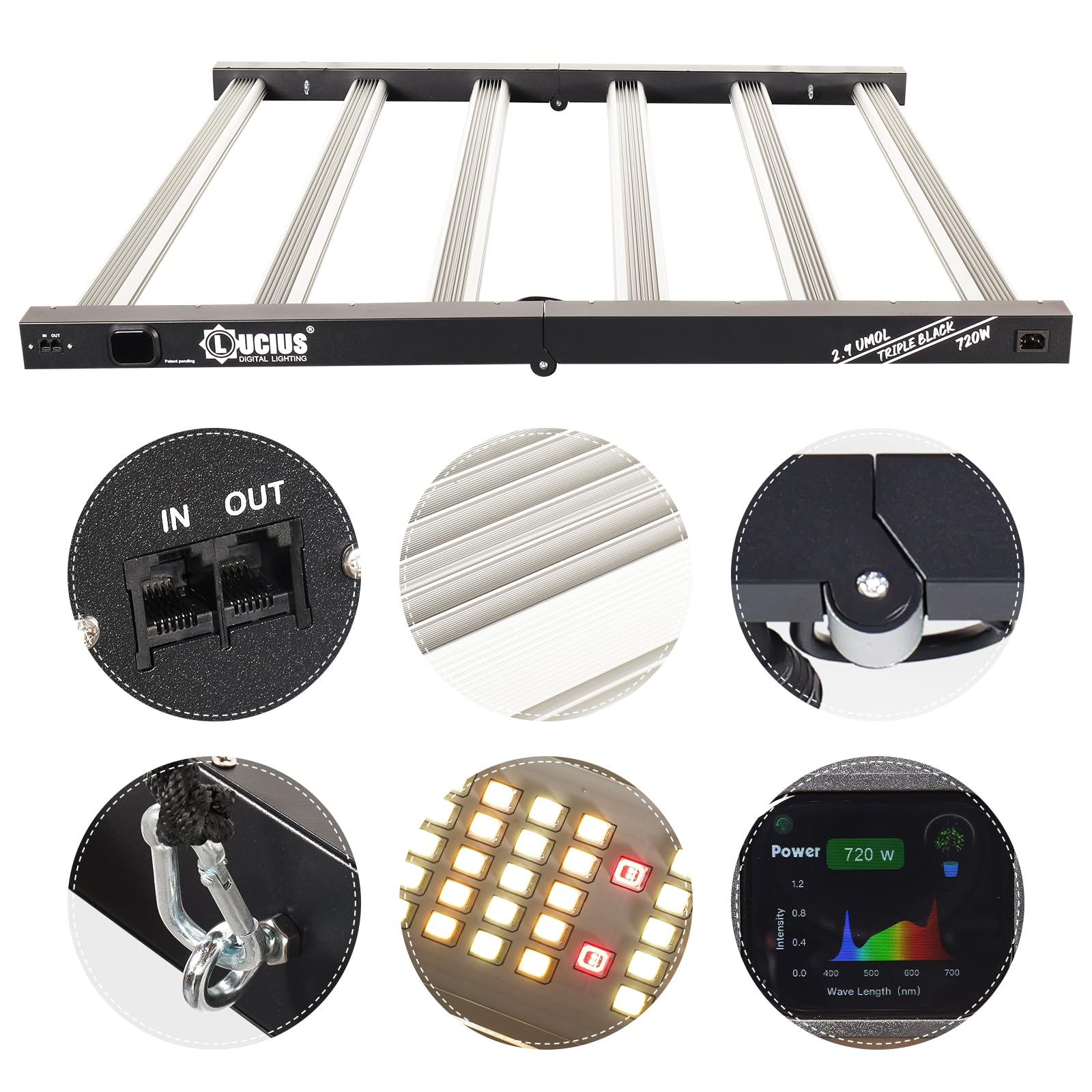 Lucius 720W LED-Pflanzenlampe mit LCD-Bildschirm, Mastersteuerung, Timer | Smart Sonnenaufgang & Sonnenuntergang, Vollspektrum, 2,9 μmol/J, Dimmbar, 4200 Dioden, Daisy-Chain,für 4×4 5×5ft Anzuchtzelt