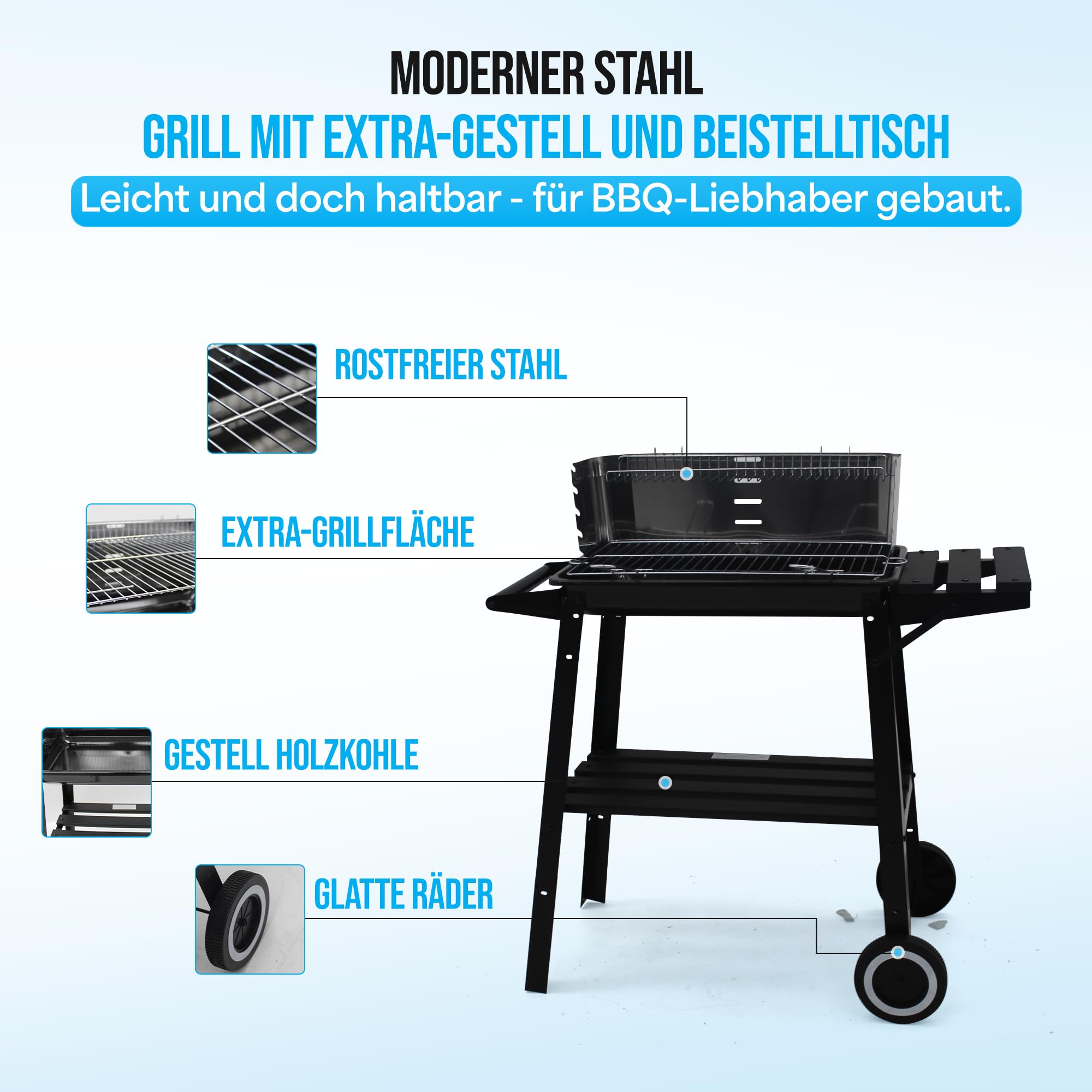 Holzkohlegrill edelstahl auf rollen,Säulengrill,BBQ-Grill,inkl 4-fach höhenverstellbarem Grillrost, Lüftungsregler,Aschekasten und Aschekasten, für Camping, Garten, Schwarz