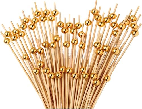 LUSEOAN 100 palillos de cóctel de bambú para decoración de aperitivos, 4.7 pulgadas, palillos de dientes de perlas doradas hechas a mano, palillos