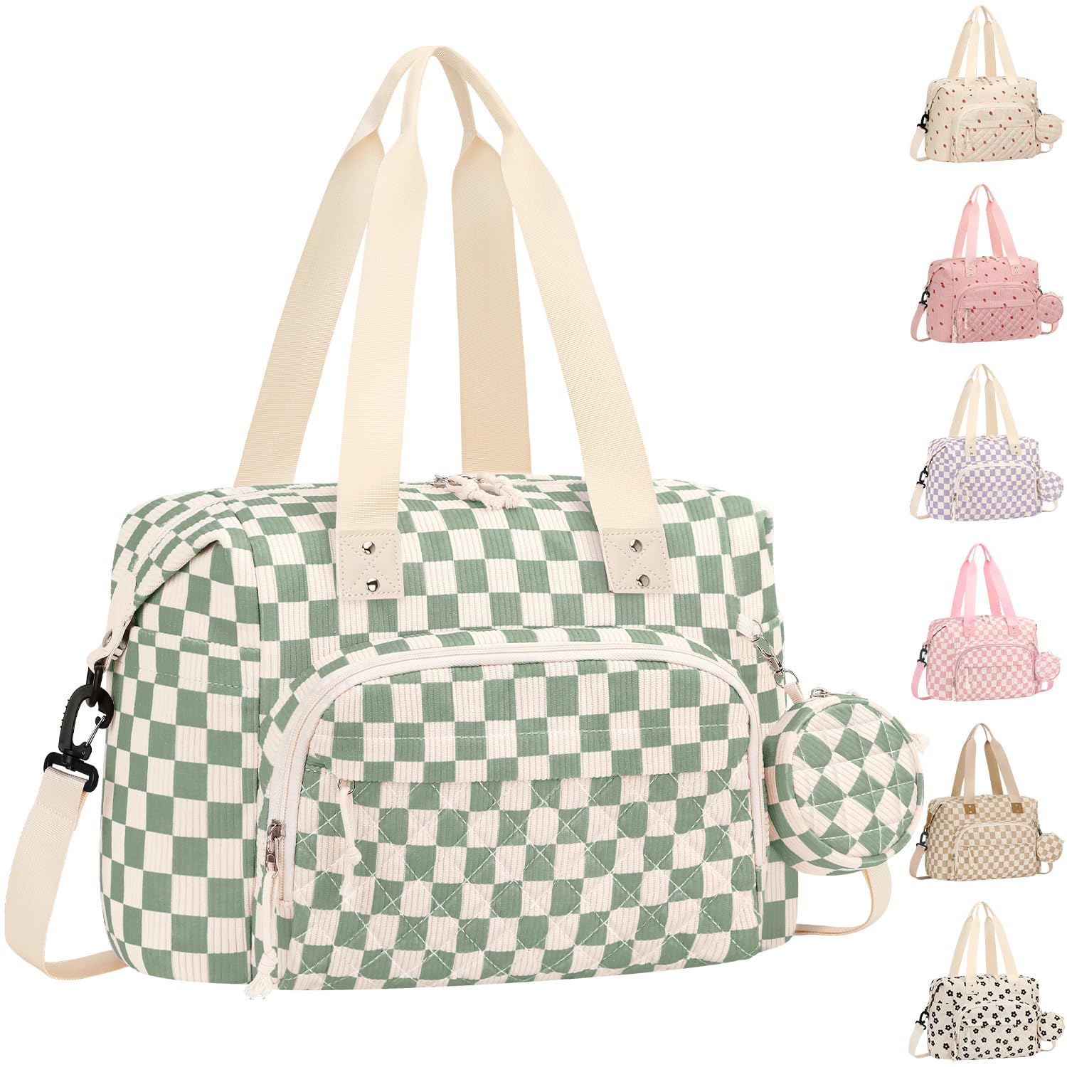 Tenot Corduroy Diaper Bag Tote, Baby Bag Travel Diaper Tote Bag with Pacifier Case, Large Baby Diaper Bags for Women, Ctue Diaper Bags For Baby Girl Boy Mom Maternity Hospital Bag, Green Checkered