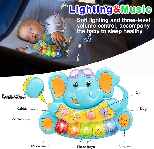 Miniatura 4 de Juguetes de piano para bebés de 6 a 12 meses de aprendizaje temprano, juguetes de 6 a 12 meses, teclado de piano de elefante, juguetes para bebés de