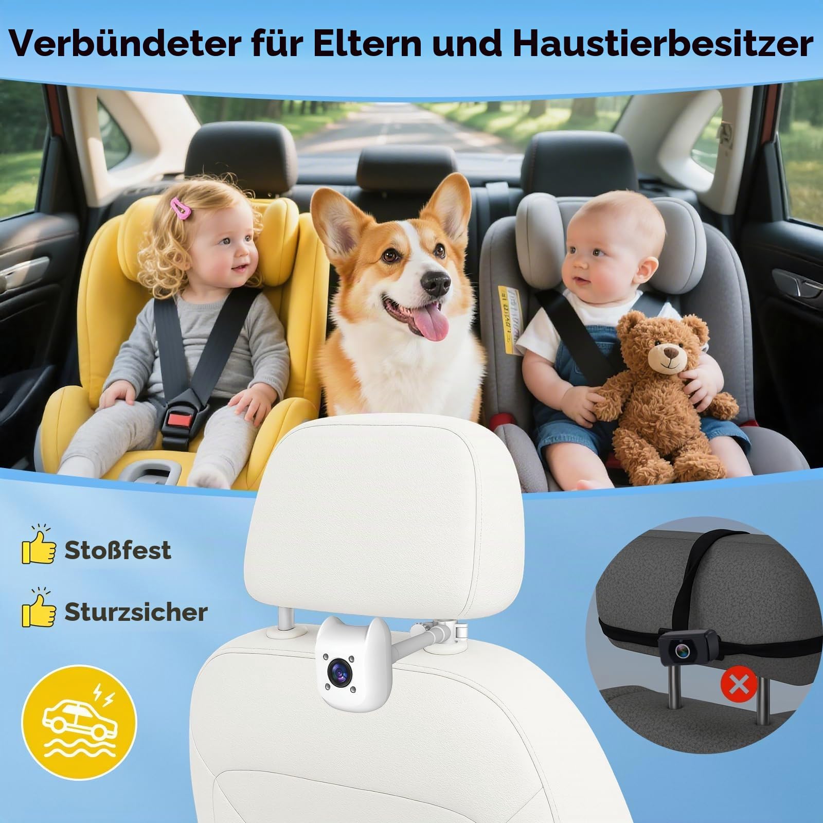 ELECROW Baby Auto Kamera 2 Kameras für Kindersitz, 6,86 Zoll Ultrawide Display USB Rücksitz Kamera Set, 1080P HD & IR Nachtsicht, einfache Installation, Babykamera für Auto Rücksitz