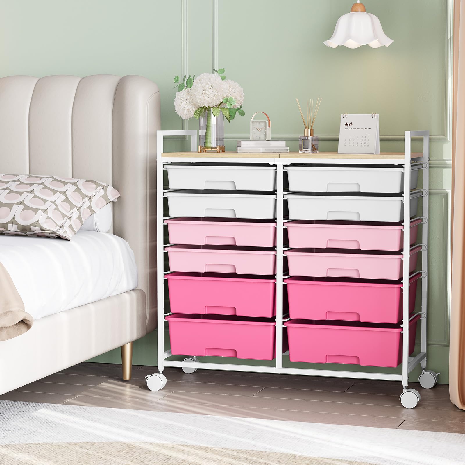 KINGRACK Rollcontainer mit 12 Schubladen und Holzarbeitsplatte, Schubladenschrank für Badezimmer, Küchen, Wohnzimmer und Büros (Rosa)