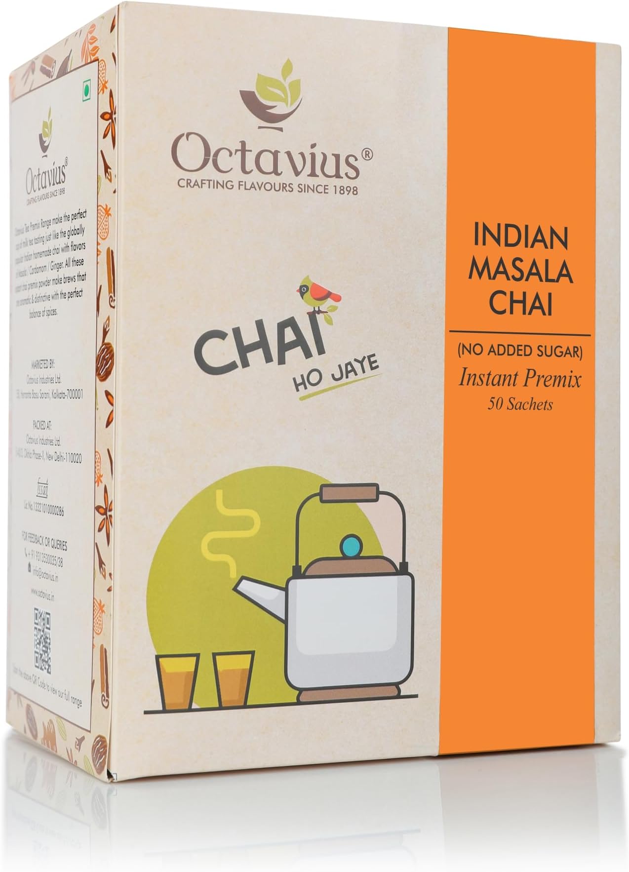 Octavius No Added Sugar Masala Chai Tea 50 Sachets | Instant Premix Powder | Ready to Drink Indian Masala Chai | Low Sugar | Instant Chai Premix | Travel Friendly Sachets | Ready to Drink Pack