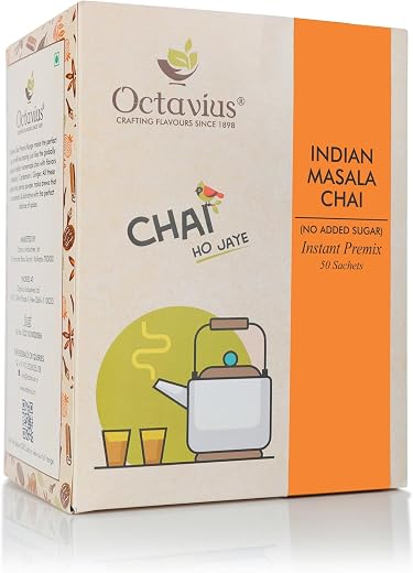 Octavius No Added Sugar Masala Chai Tea 50 Sachets | Instant Premix Powder | Ready to Drink Indian Masala Chai | Low Sugar...