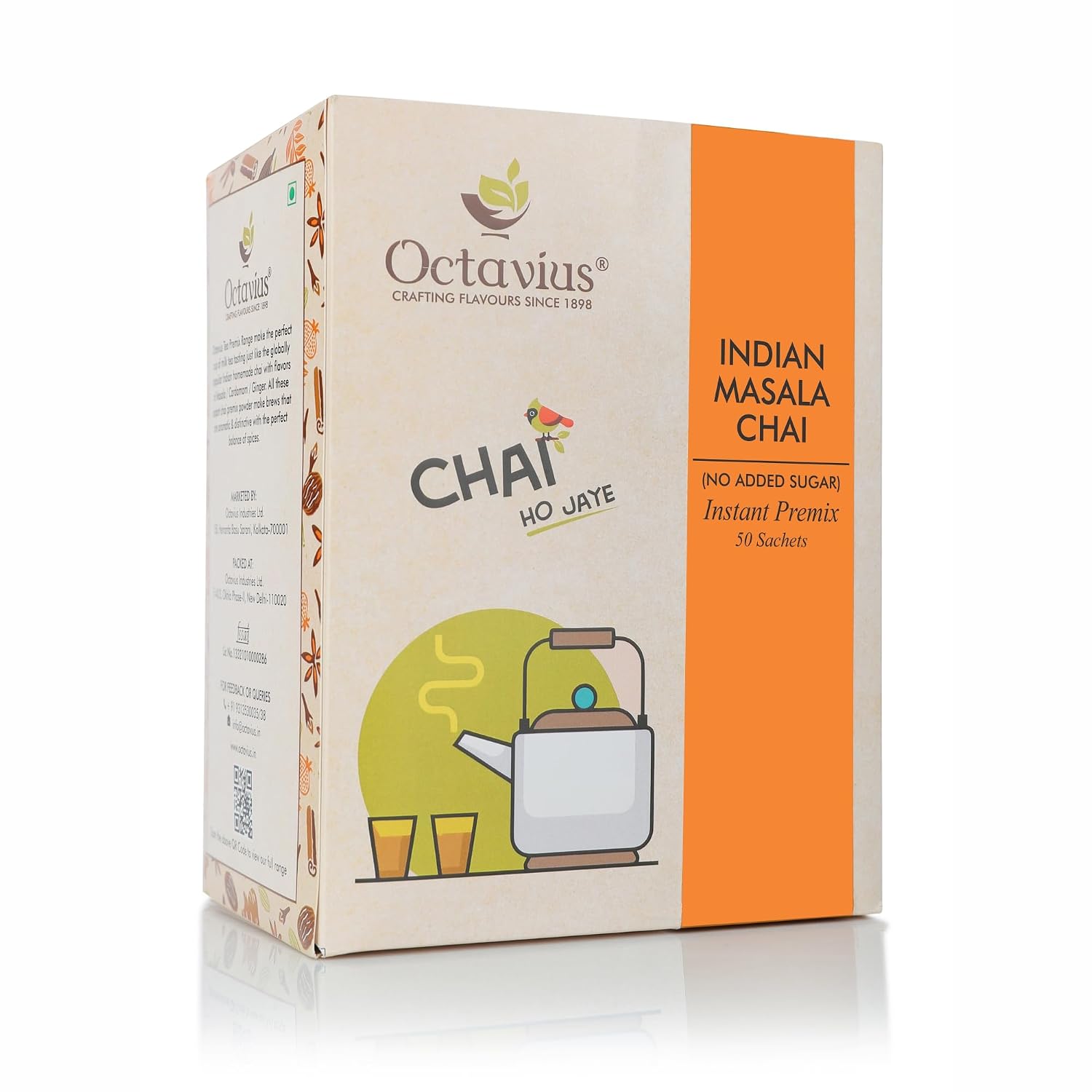 Octavius No Added Sugar Masala Chai Tea 50 Sachets | Instant Premix Powder | Ready to Drink Indian Masala Chai | Low Sugar...