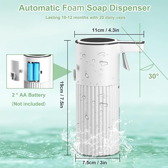 Push-Activated Automatic Foaming Soap Dispenser,Soap Dispenser for Kitchen,Continuous Flow Control 400ml Capacity,AA Battery Powered Waterproof Adjustable Volume Soap Dispenser for Bathroom&Kitchen