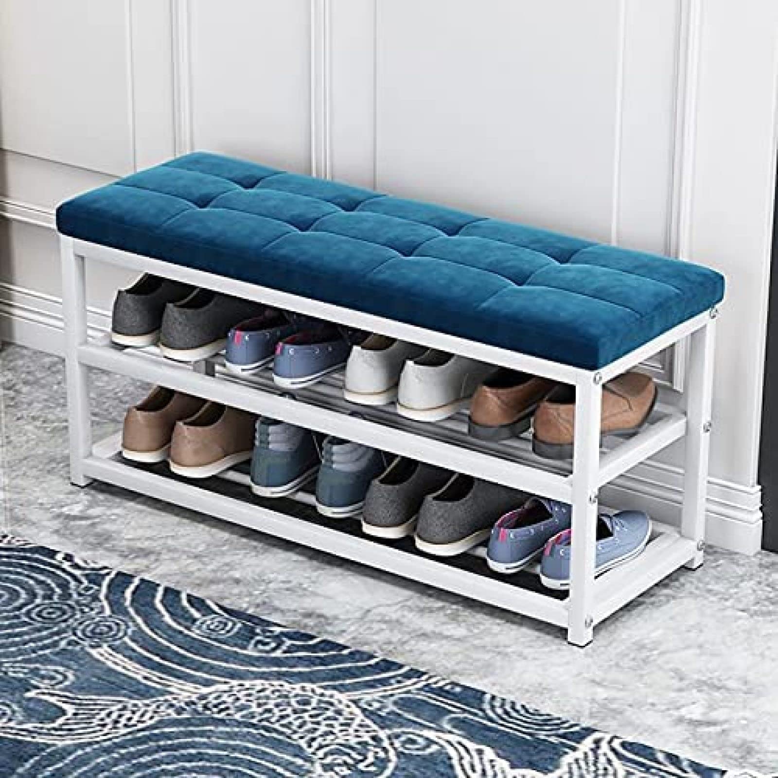 WJFTODAY Entryway Shoe Rack Bench with Cushion Seat Velvet Storage with Metal Shelf Stylish 3 Tier Shoe Storage 50x45x30cm (20x18x12in) for Home & Hallway