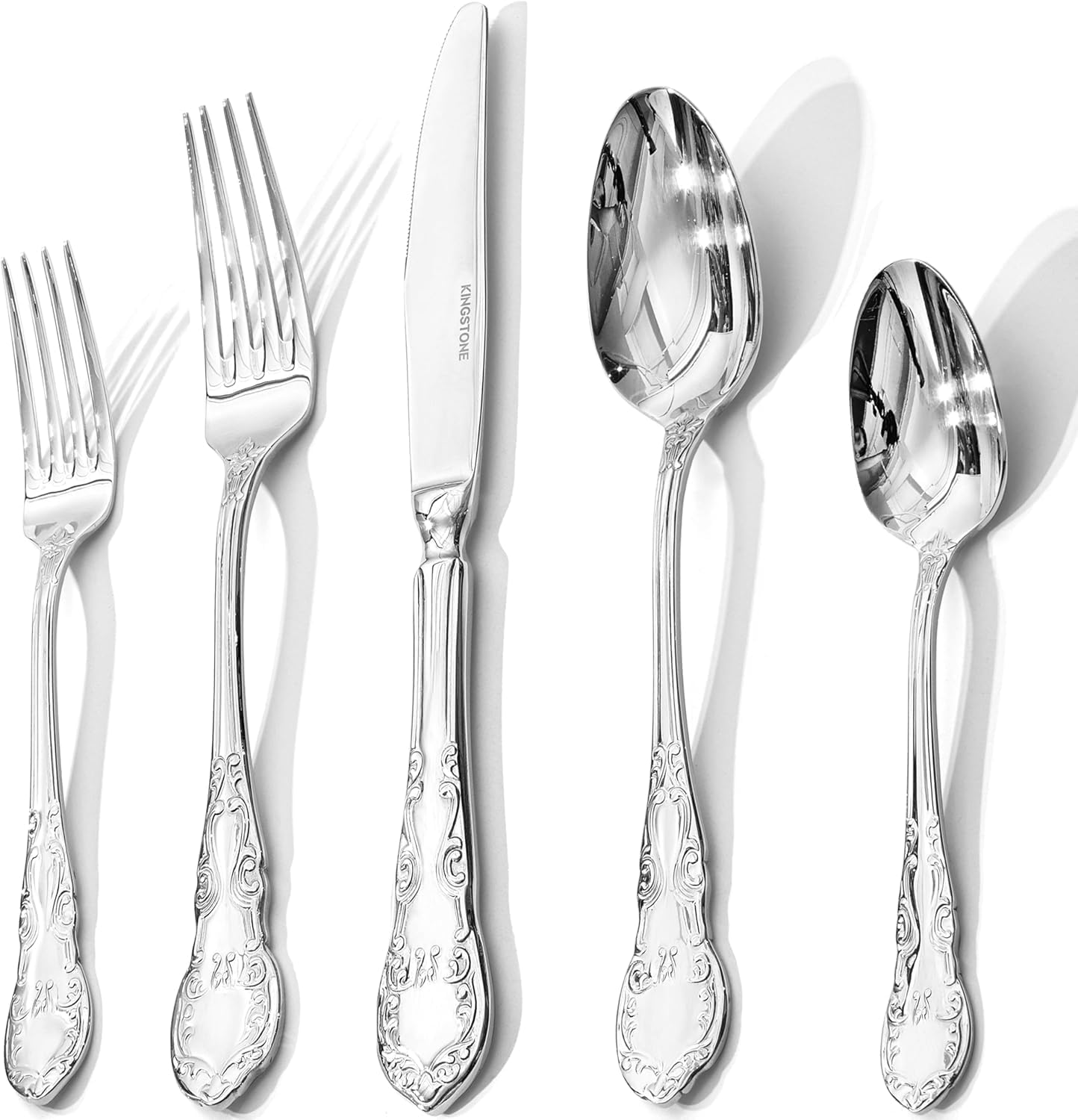 KINGSTONE Vintage Silverware Set, 60-Piece 18/10 Stainless Steel Retro Royal Flatware Cutlery Set for 12 with Carved Thick Handles, Tableware Utensils for Home,Party,Restaurant,Wedding,Dishwasher Safe