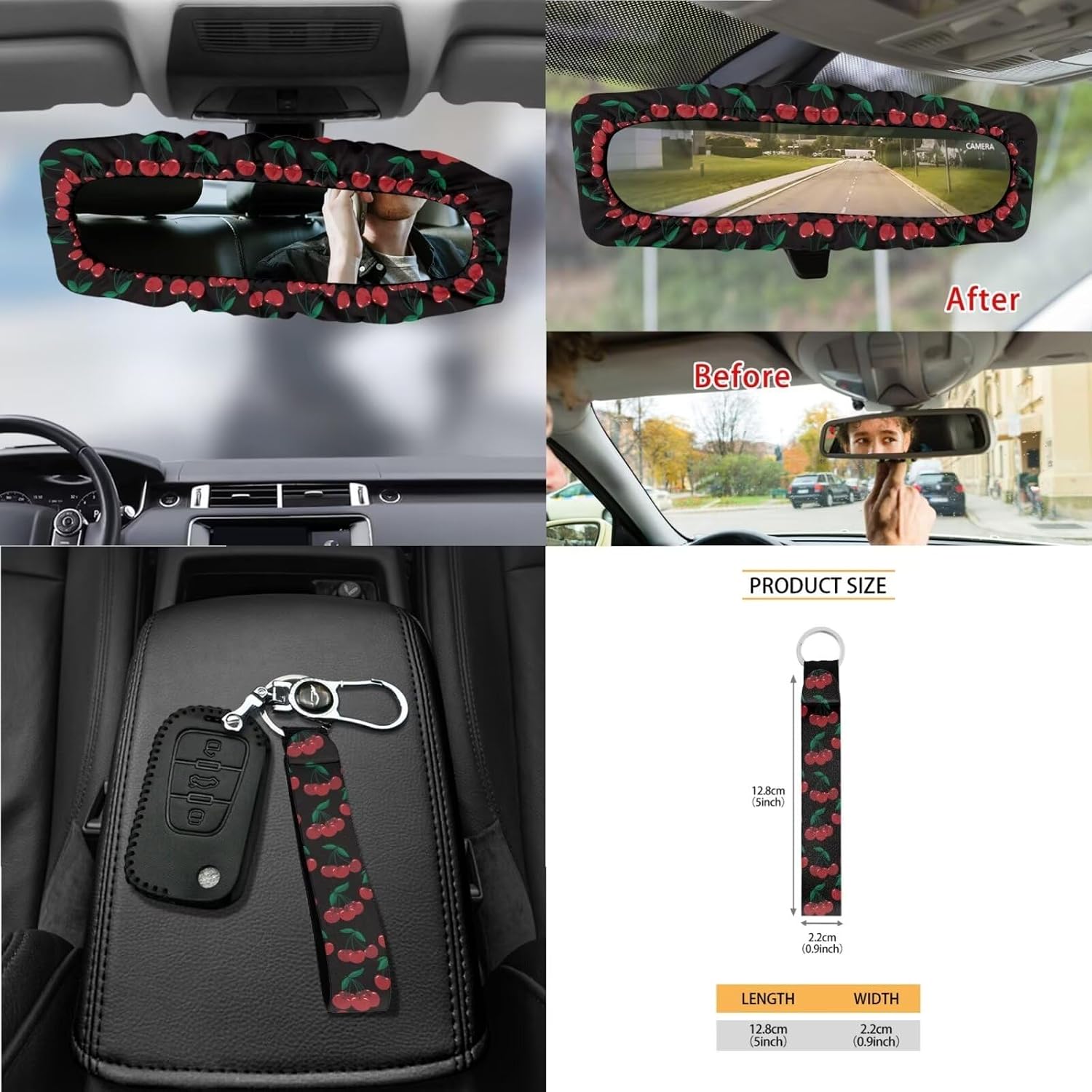 Wanyint Cherry Black 15 Pcs Car Seat Cover Full Set with Auto Steering Wheel Cover Seat Belt Strap Pads Cup Coasters Trash Bag Air Vent Storage Bag Rearview Mirror Cover Keychain Auto Interior Decor