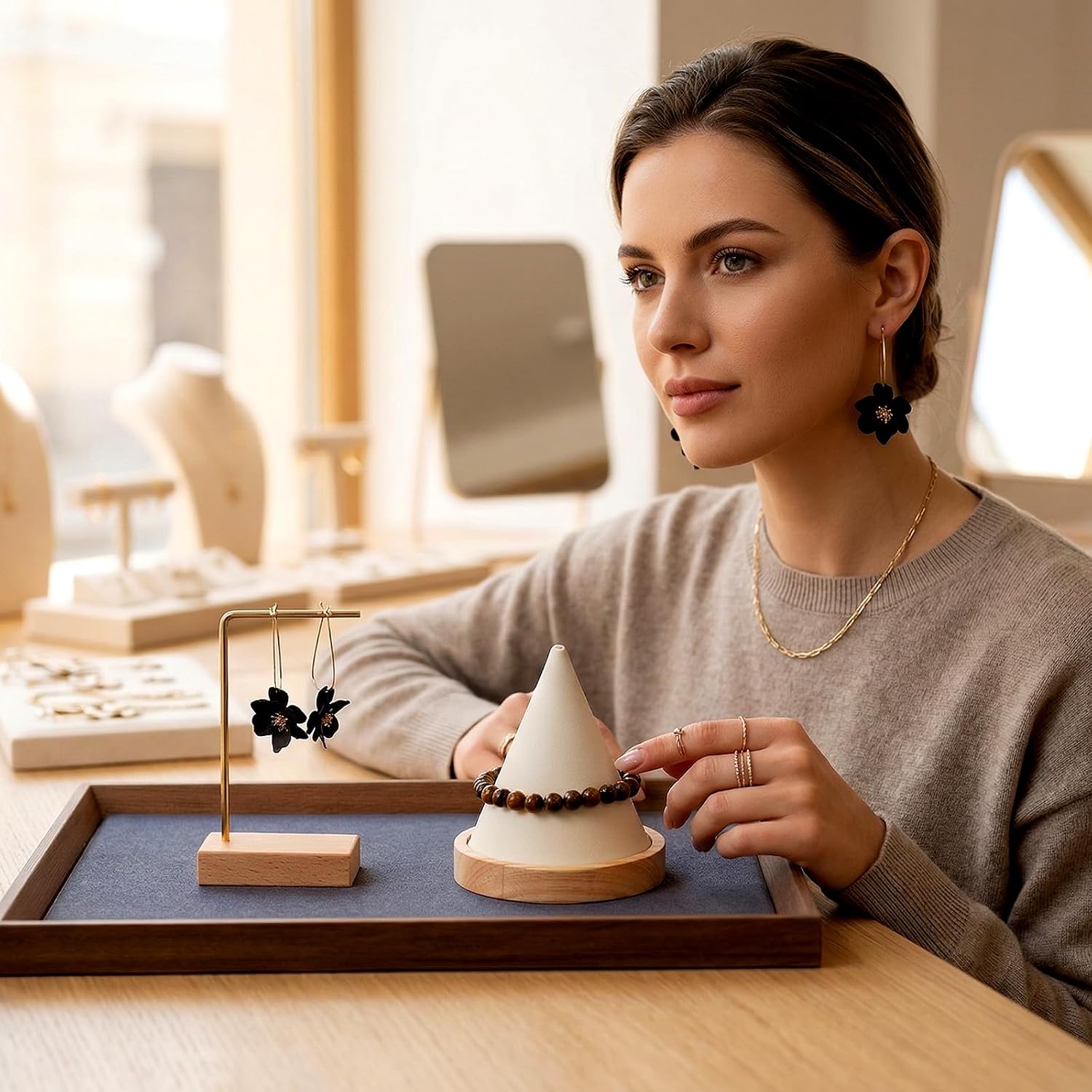 2 Pcs Solid Wood Flat Jewelry Tray, Stackable Rectangle Jewelry Display Tray, Drawer Dresser or Nightstand Organizer, Microfiber Valet Tray, Catchall Tray, Large