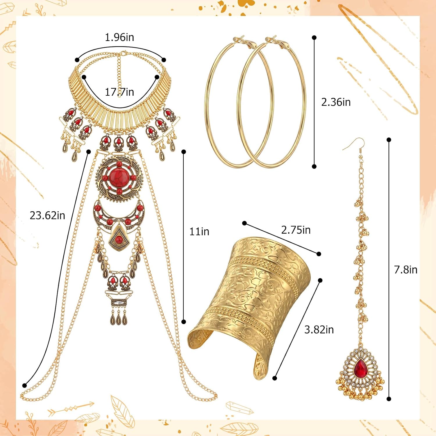 Landical 4 Pcs Gold Retro Boho Body Chain Set Women Necklace Forehead Chain Jewelry Cuff Bracelets Earrings for Indian Tribal Belly Dance Cosplay