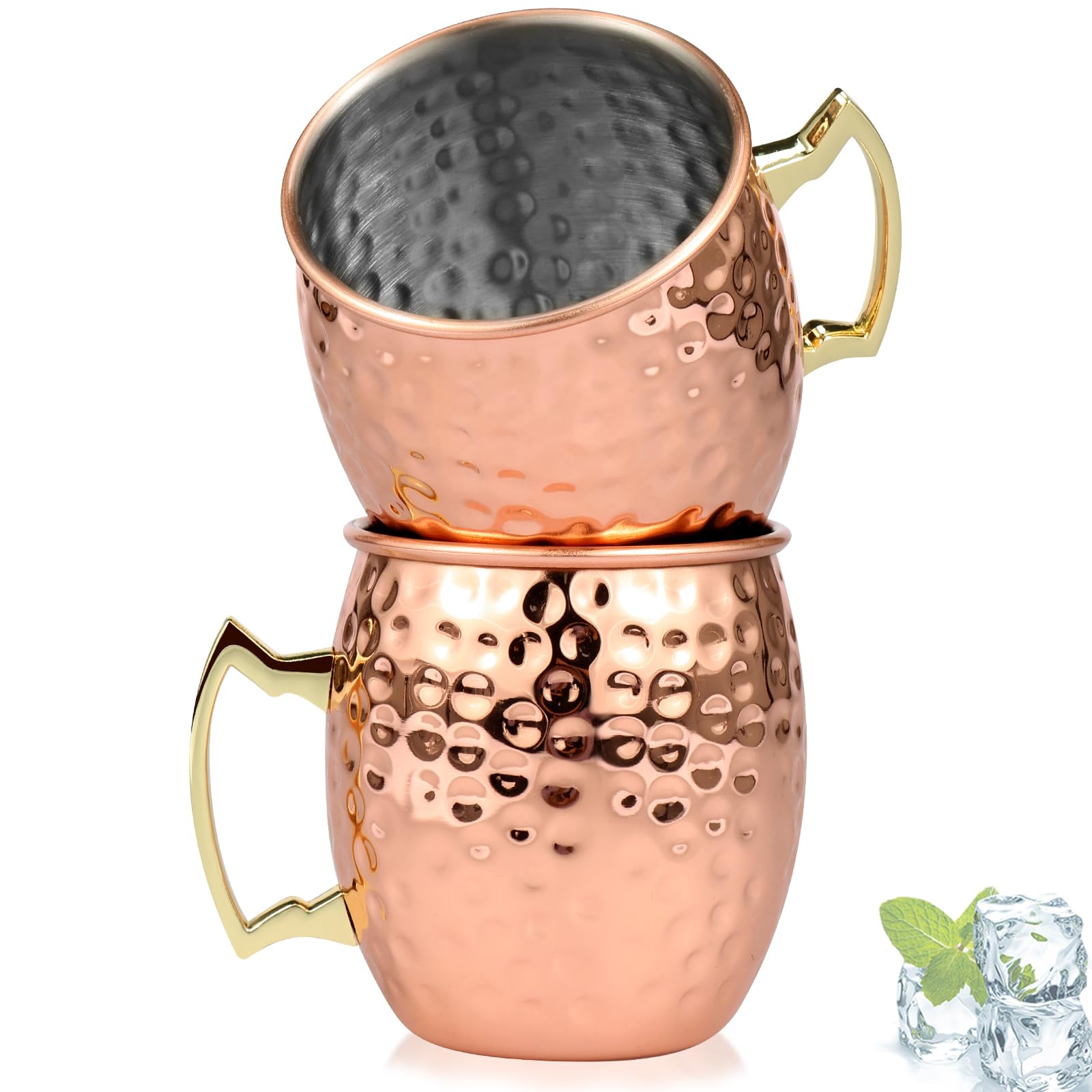 SHASUXTING 2Pcs Moscow Mule Mugs 16oz Large Capacity Cups with Handle Handcrafted Moscow Mule Cups 304 Stainless Steel Hammered Cups Rose Gold Moscow Mule Mugs for Cocktail Beer Bar Party(500ml)
