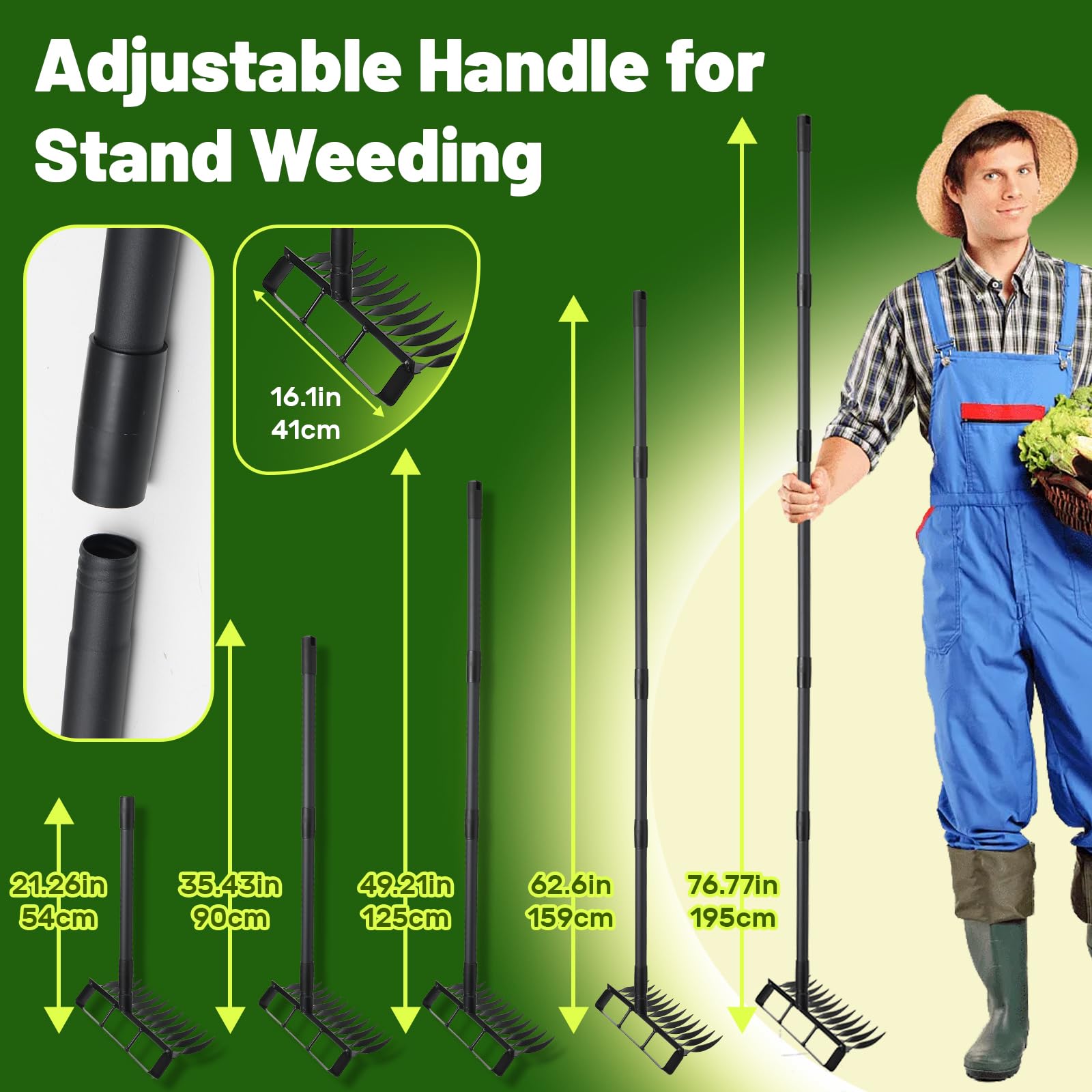 Hula - Zappa da giardino 2 in 1, 12 denti, attrezzo da giardinaggio per diserbo, con manico lungo regolabile da 193 cm, per diserbo, semina, abbandono e allentamento