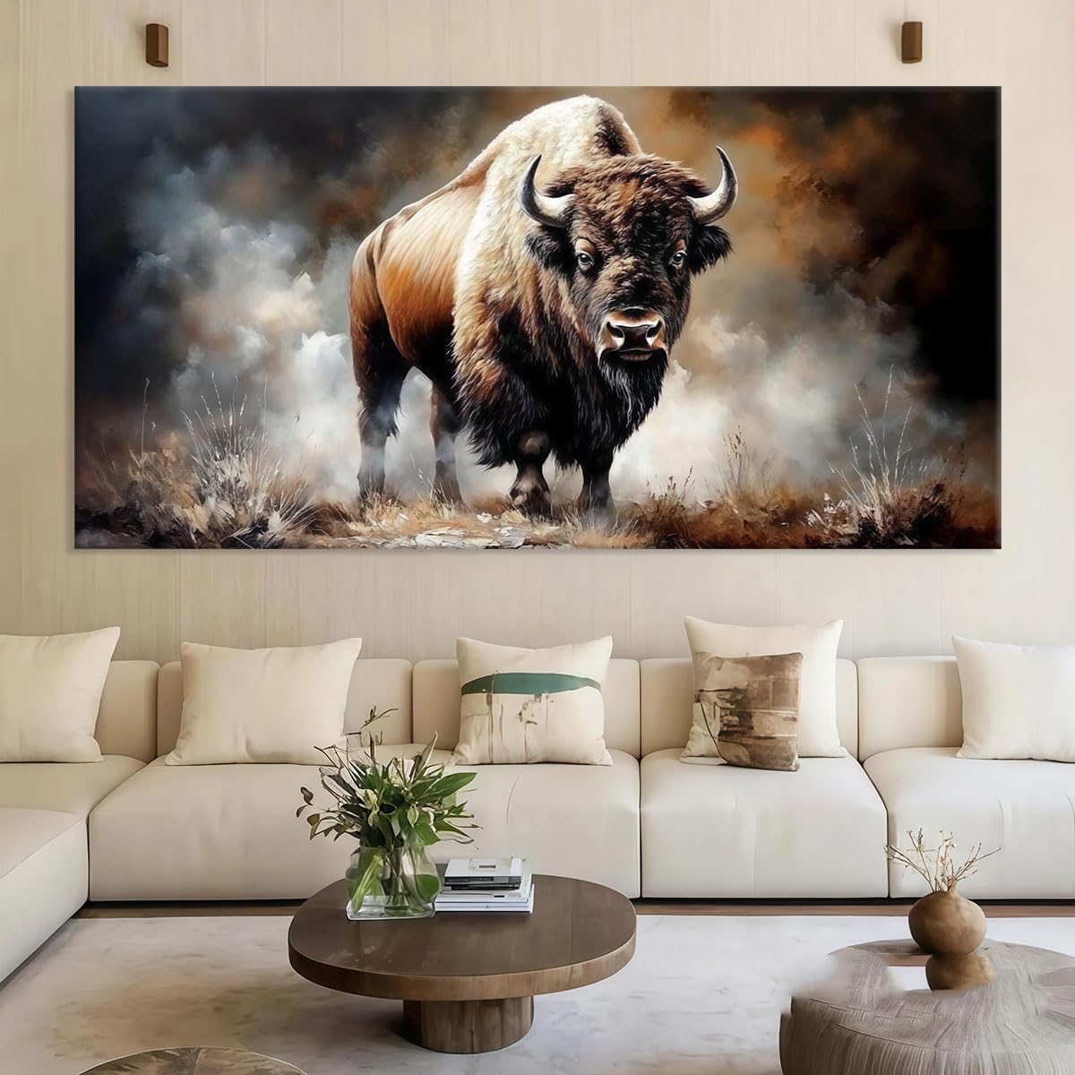 Obraz ścienny z motywem dzikiego żubra w zakurzonym polu do salonu, sypialni lub biura (20 x 40 cm/z ramą)
