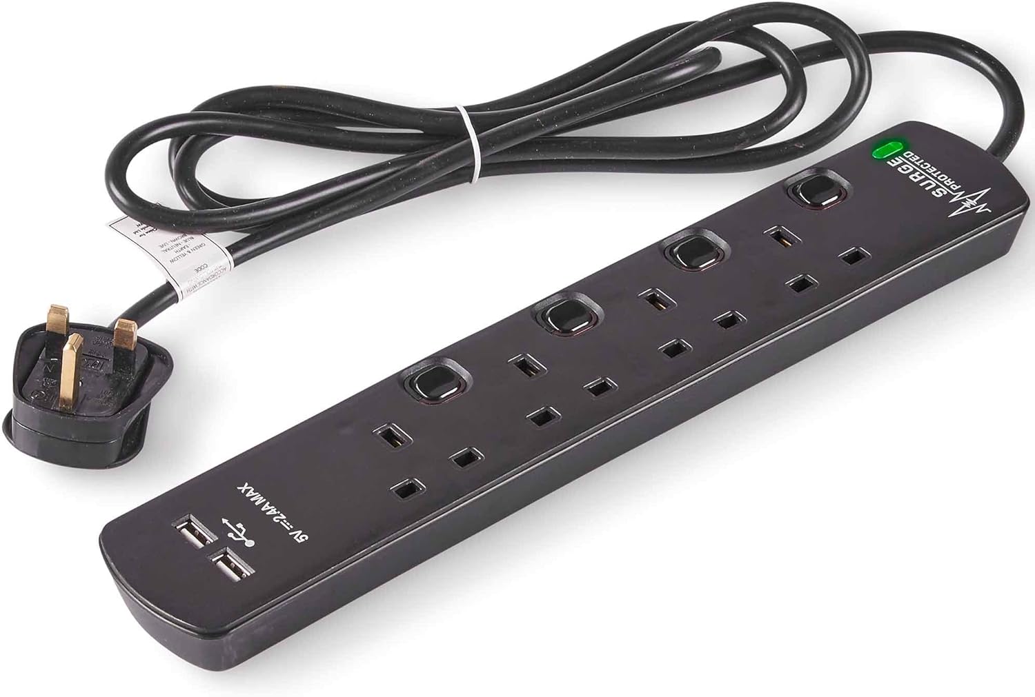 VonHaus 4 Way Extension Lead with USB Slots 4 Gang 2m Extension Cable