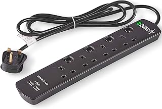 VonHaus 4 Way Extension Lead with USB Slots - 4 Gang 2m Extension Cable with USB, LED Indicator & Surge Protection - Ideal for Gaming, Home Office & Garage