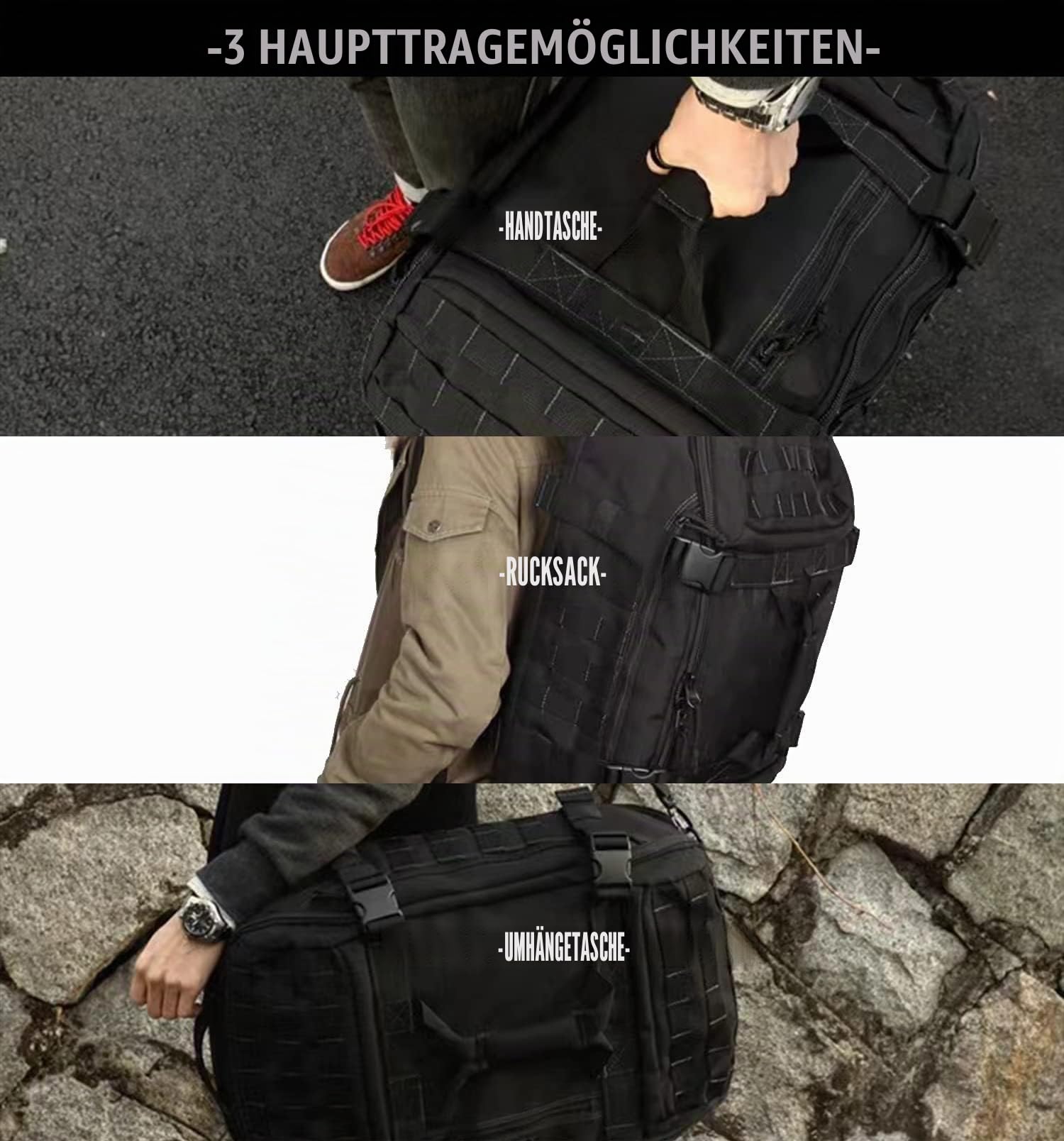 Miramrax Gym-Tasche Duffle-Taschen Rucksack - Reise-Wochenendtasche für Männer Frauen Trainingstasche für Militär, Sport, Übernachtung, Basketball, taktisch, Fußball, wasserdicht & reißfest, Schwarz