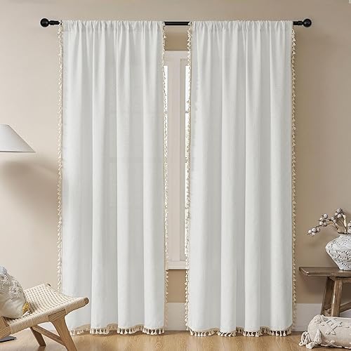 Joydeco Cortinas bohemias blancas de 84 pulgadas de largo, 2 paneles de cortinas bohemias súper suaves con borlas, cortinas semitransparentes