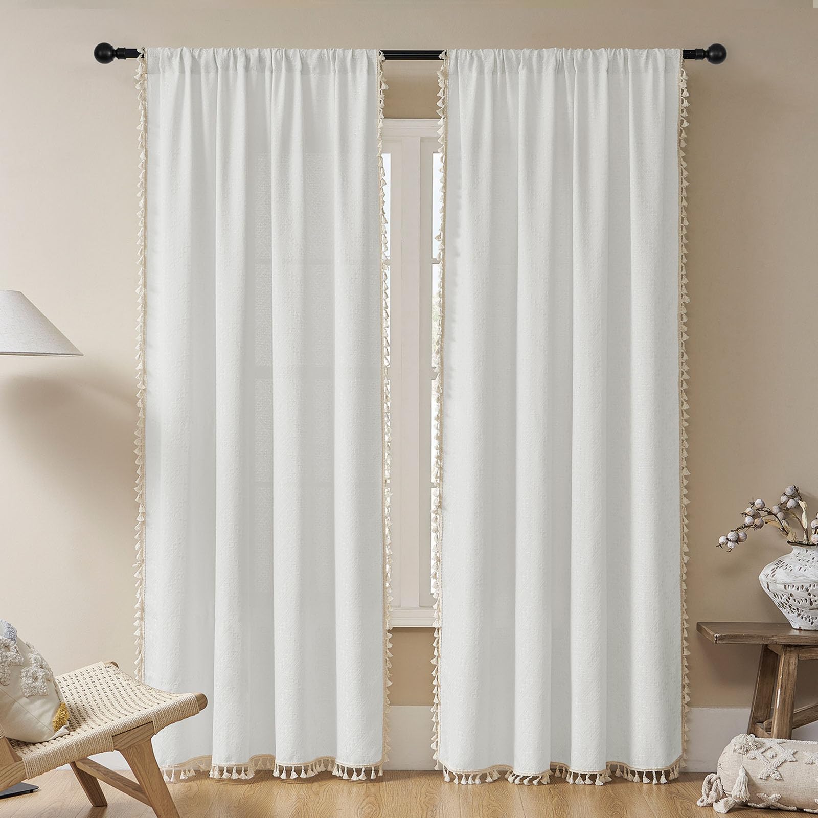 Joydeco White Boho Curtains 108 Inches Long 2 Panels, Super Soft Bohemian Farmhouse Curtains with Tassels, Semi Sheer Light Filtering Drapes for Bedroom Living Room (Rod Pocket, 52Wx108L)
