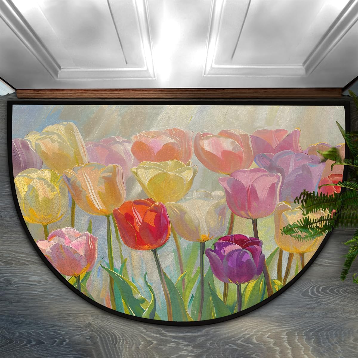Half Round Door Mat Tulip Abstract Sunshine Half Moon Rug Washable Half Circle Area Rugs Indoor Entrance Non Slip Semi Circle Bathroom Rugs Floor Carpet for Kithen Bedroom Fireplace Decor