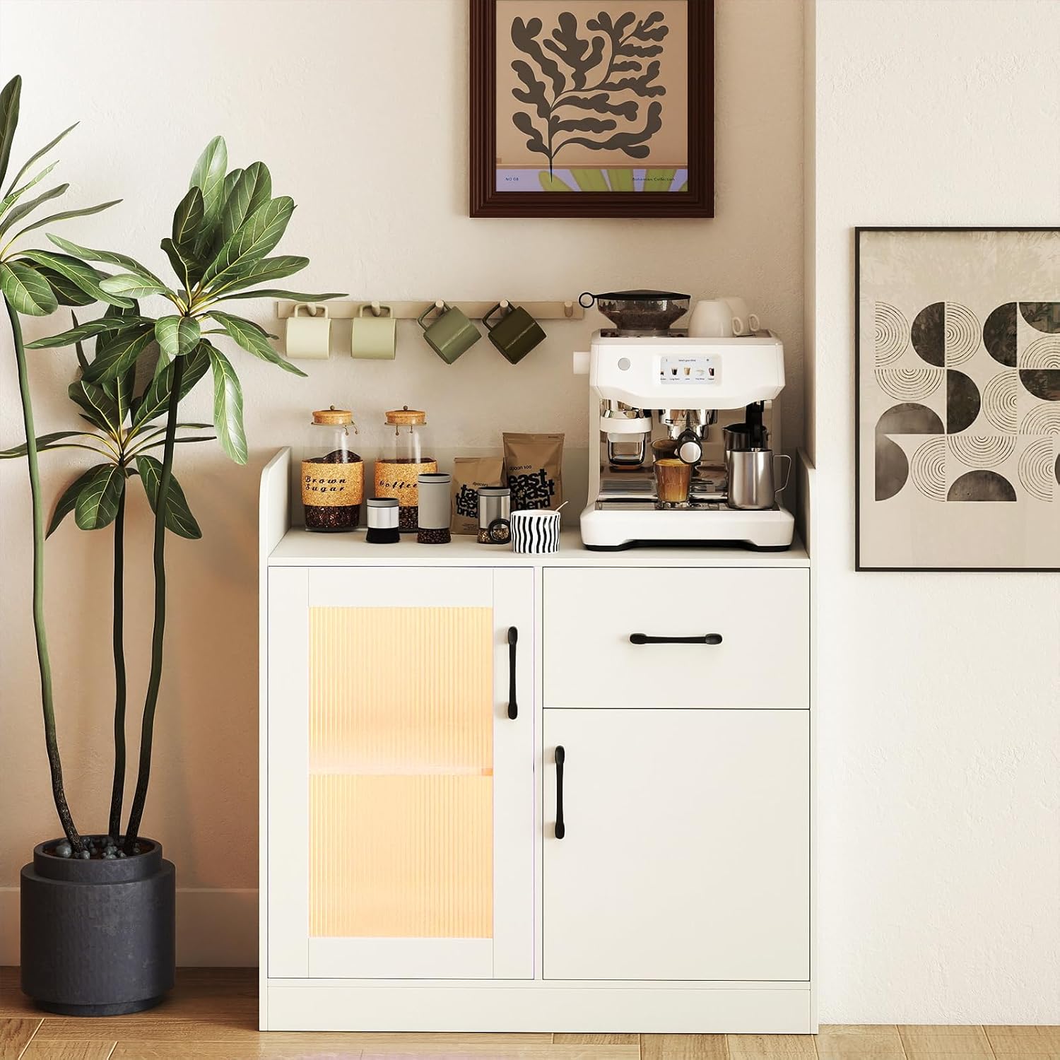 LOKO LED Buffet Sideboard with Charging Station, Modern Kitchen Storage Cabinet with Translucent Fluted Door, Coffee Bar Cabinet for Living Room, Dining Room, White