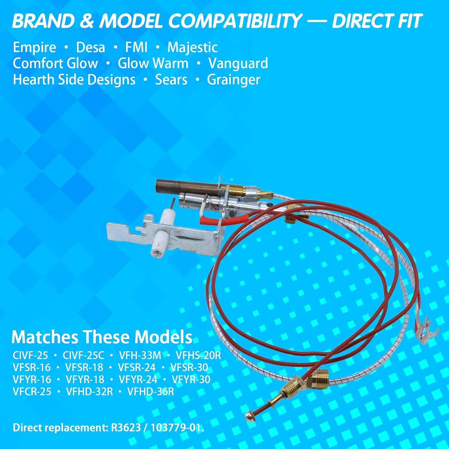 R3623 LP Gas Fireplace Pilot Assembly Thermopile Thermocouple Kit | LPG8414 PP225 103778-01 14D0477 replacement; For Empire and Vanguard vent-free propane fireplaces.