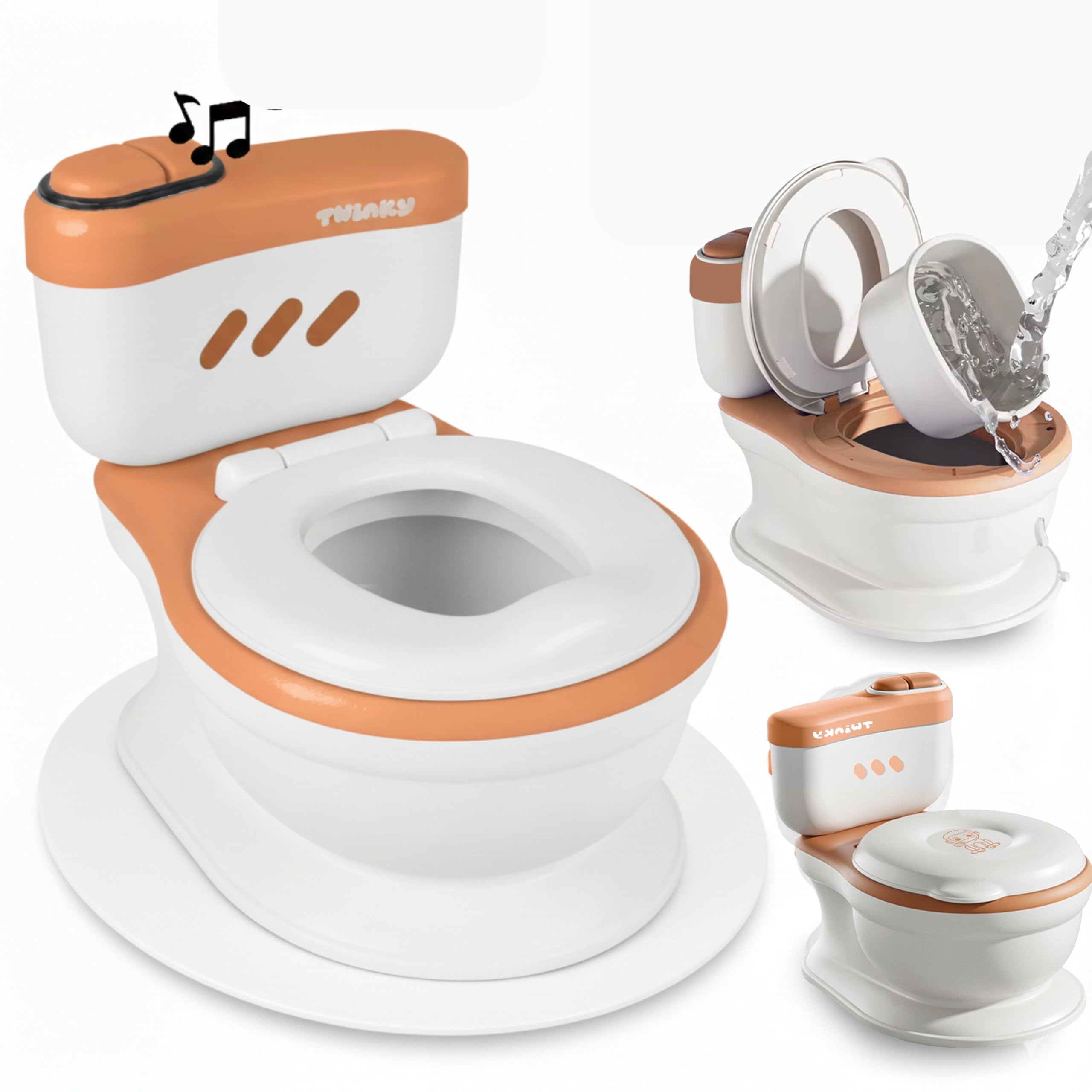 Twinky® Töpfchen für Baby & Kind – 3-in-1 Potty Trainer & Kindertoilette für Baby Toilette Inkl Spülklang, kompaktes Design, Musik und Rollenhalter – perfekter Toilettensitz für Kinder – Braun