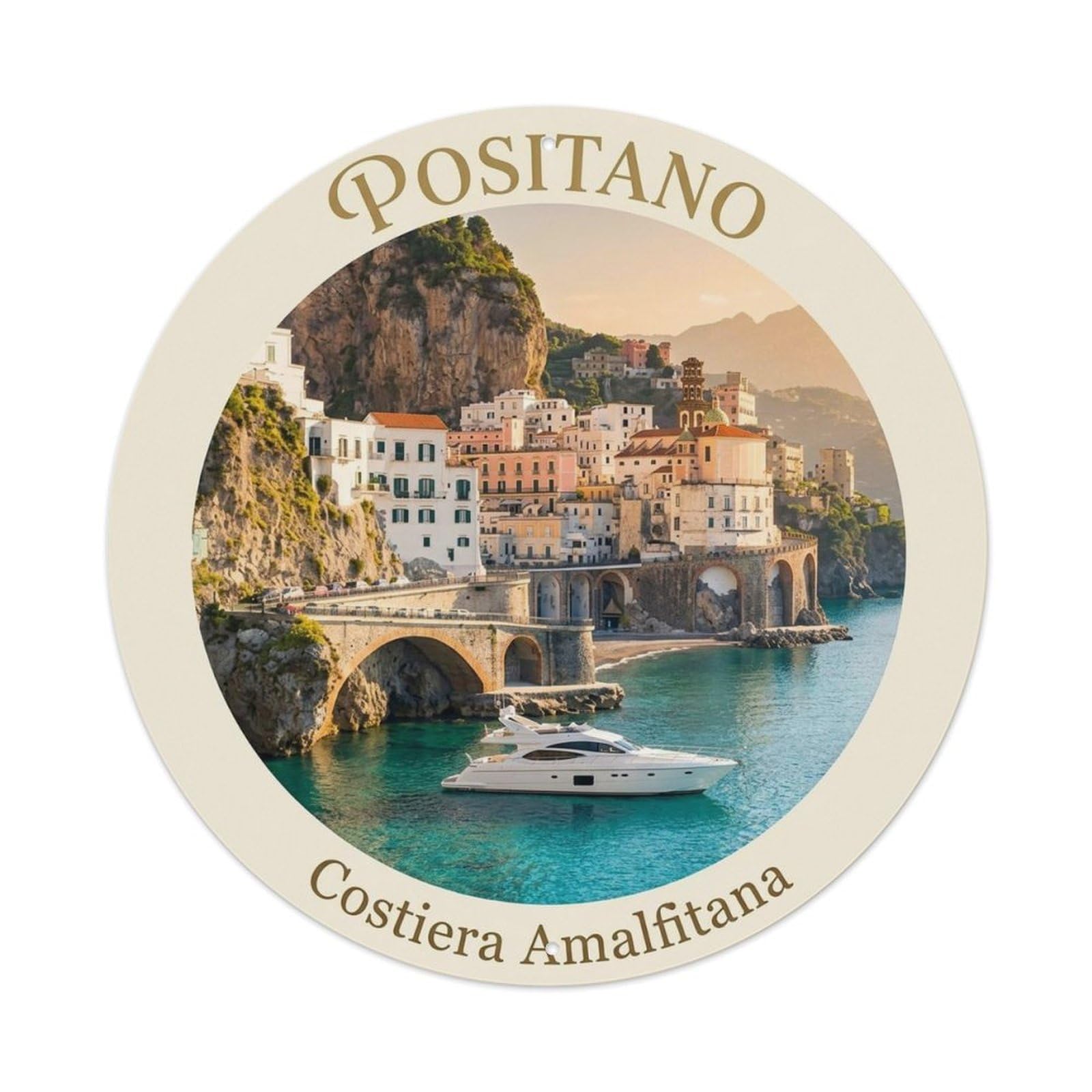 Italian Positano Seaside Italy Travel Amalfi Coast Metal Tin Sign Plaque Wall Decor for Cafe, Man Cave, Club Bar, Office, Home Garden Round Metal Poster 8x8Inch