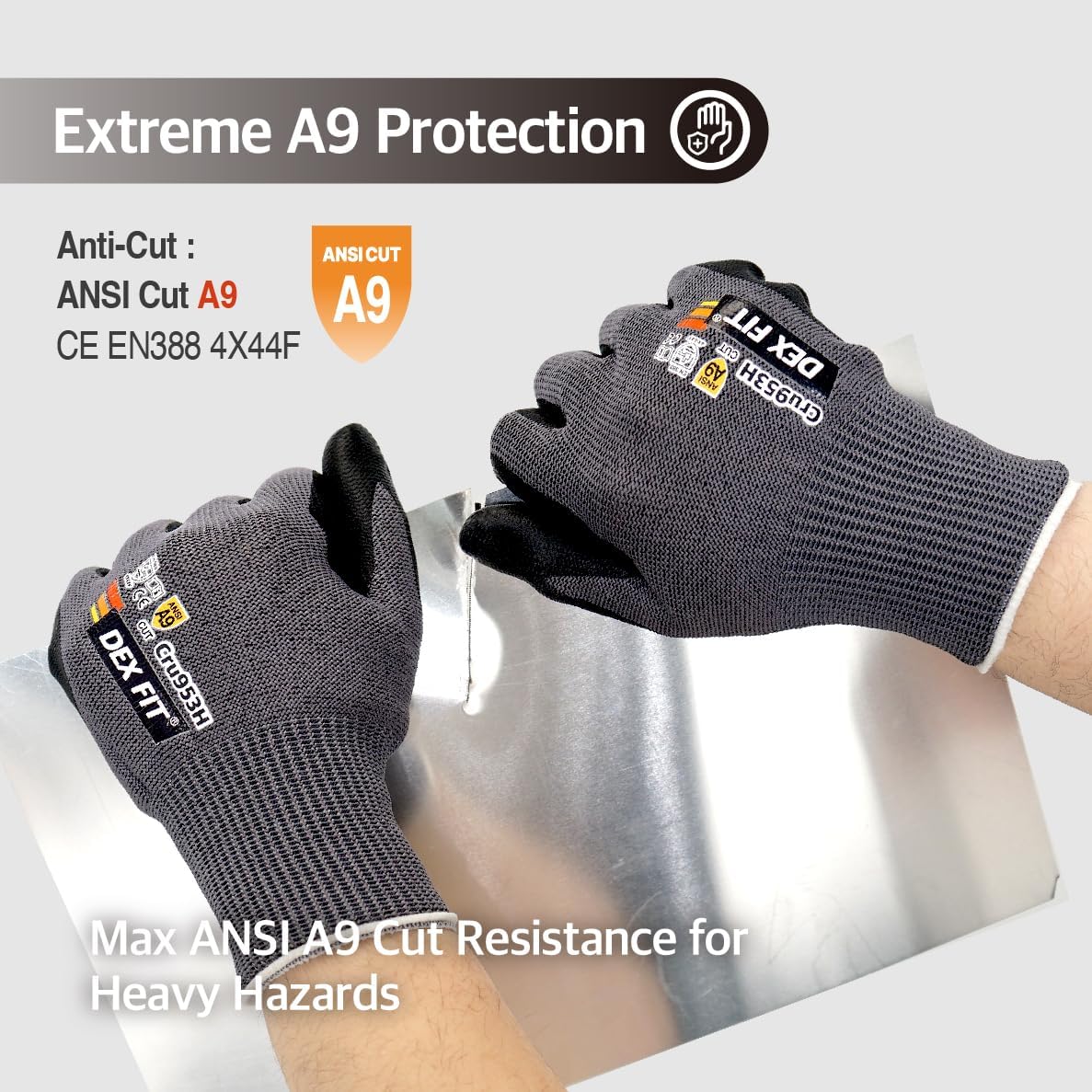 DEX FIT Cru953H Level A9 Cut Resistant Gloves, Fiberglass-Free, Power Grip Foam Nitrile, 3D Comfort Fit, Touchscreen, 13-Gauge for Sheet Metal, Stamping, Glass, Recycling; Gray S (7) 1 Pair - Image 3