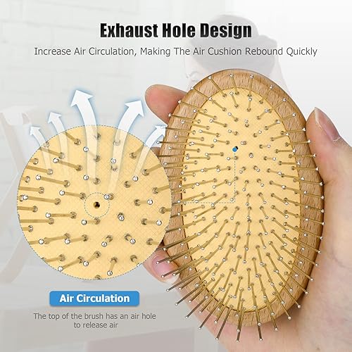 Miniatura 4 de Cepillo para el pelo, cerdas de madera, cepillo de masaje para el cuero cabelludo, de bambú, portátil, de madera, antiestático, con cojín de aire,
