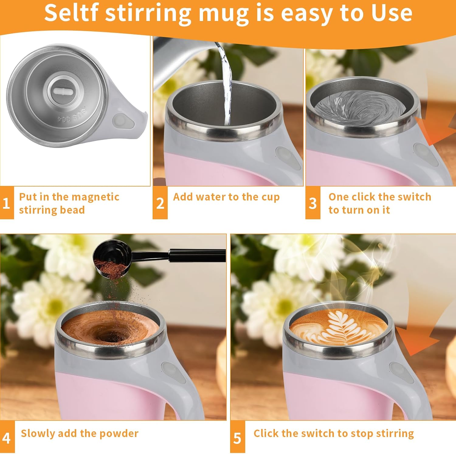 Self Stirring Coffee Mug, Automatic Magnetic Stirring Coffee Mug, Stainless Steel Self Stirring Mug to Stir Milk Tea, Cocoa, Electric Self Stirring Cup for Home, Office, Travel (Pink, Rechargeable)