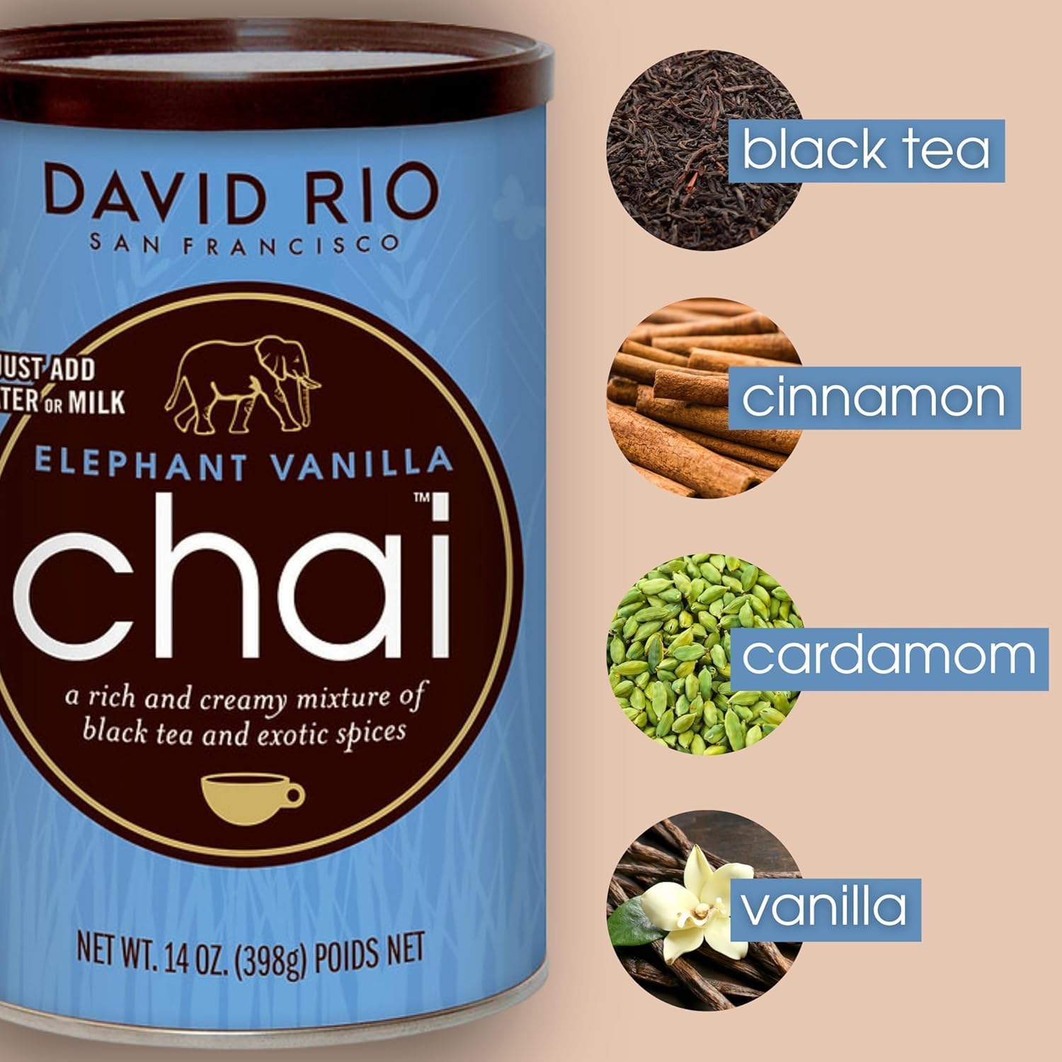 DAVID RIO Elephant Vanilla Chai® (Etichetta Ita) 389g Tin I Chai Latte with Black Tea, Vanilla, Honey & Cinnamon, Creamy Classic Tea with Caffeine