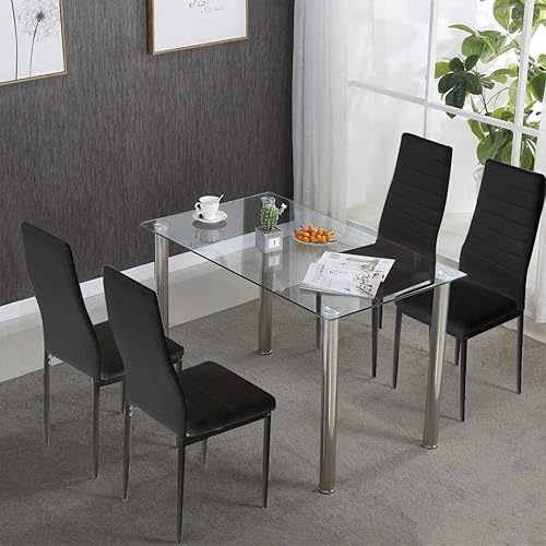 Miniatura 17 de Henf Juego de mesa de comedor de 5 piezas, moderno juego de mesa de comedor para 4 personas con mesa superior de vidrio templado y 4 sillas de piel