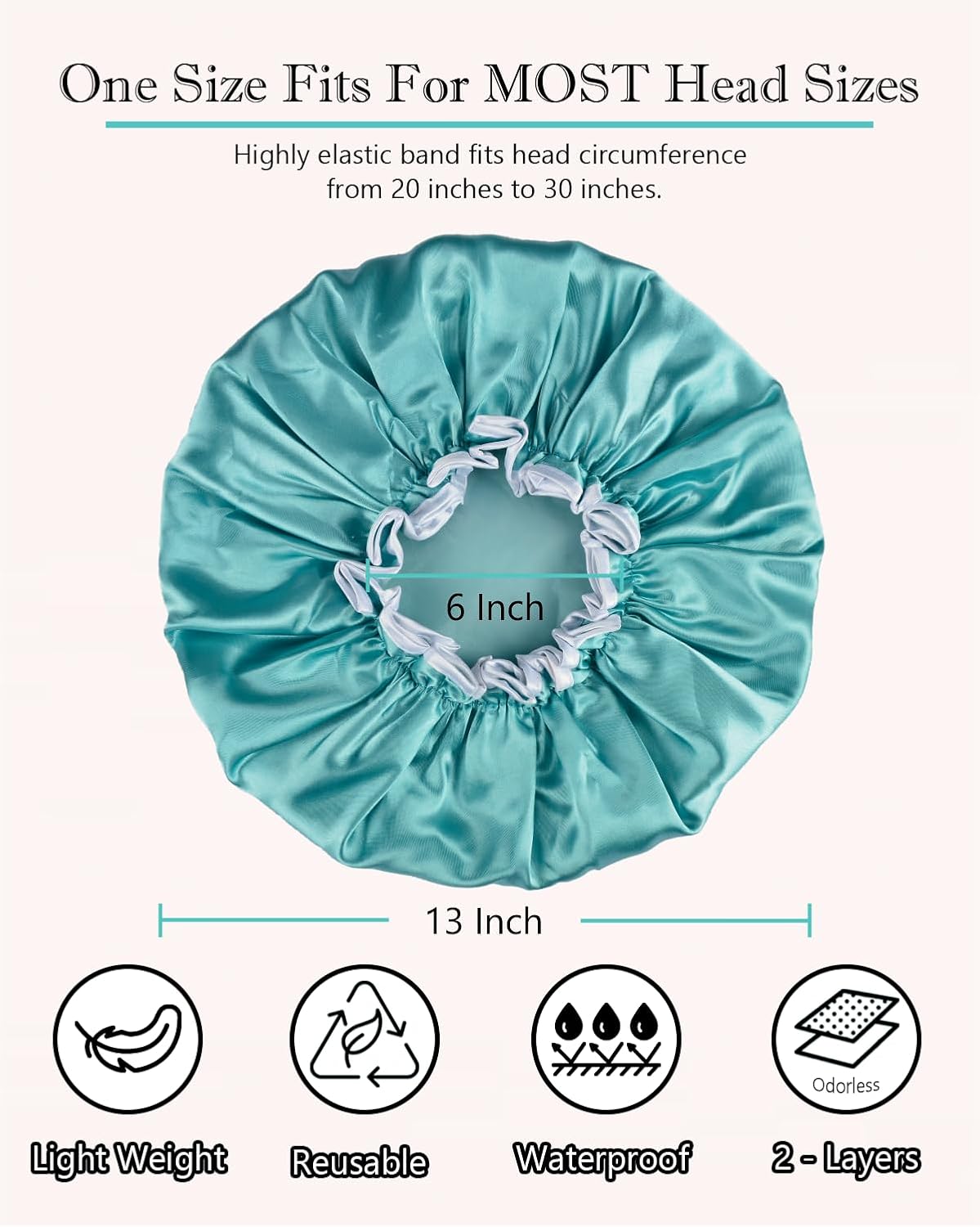 Shower Cap for Women and Girls Double Layer Reusable Waterproof Bonnet Hair Cap Super Cute and Extra Large Shower Cap for All Hair Length (Lake Blue)