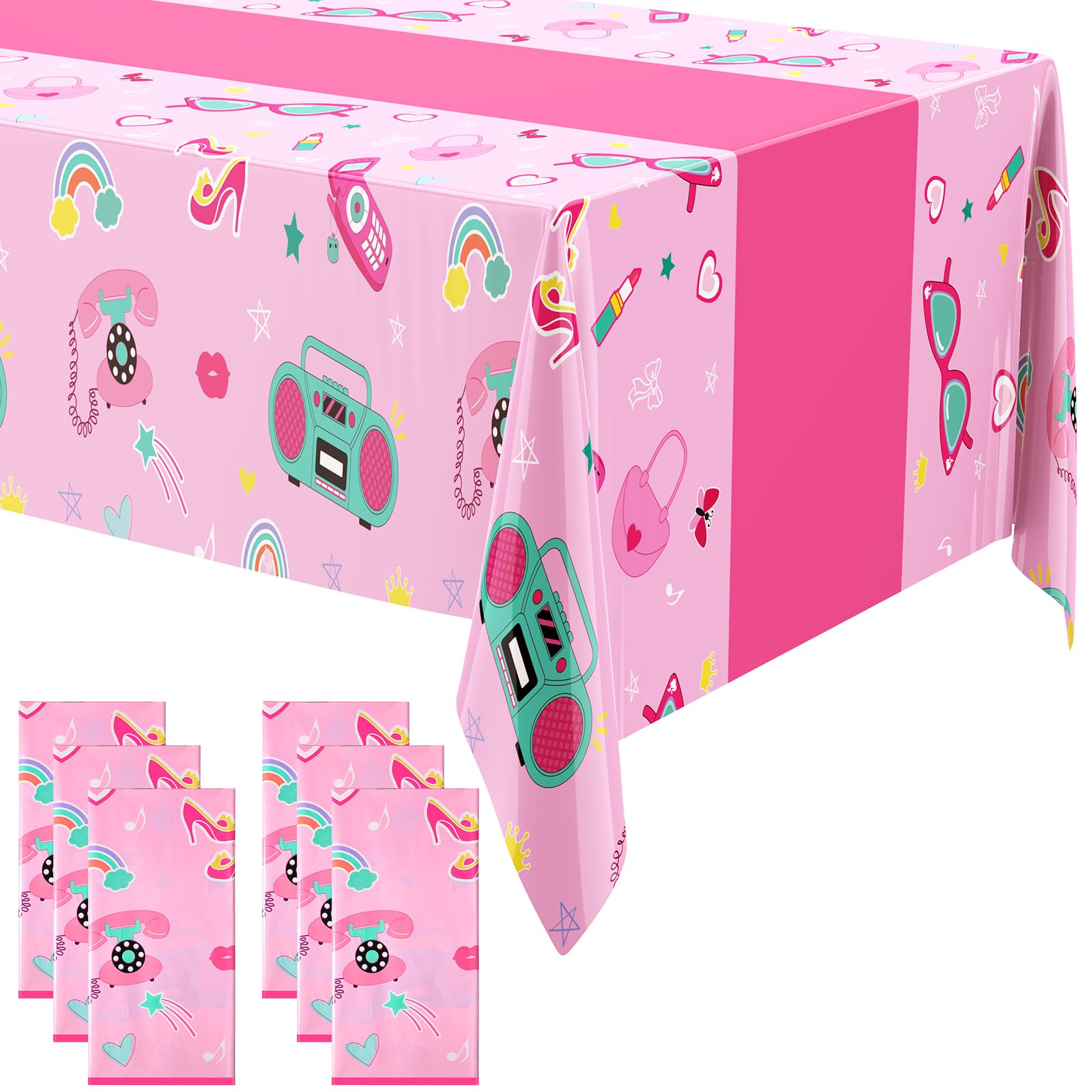 Oudain 6PCS 54'' x 108'' Pink Princess Birthday Party Tablecloths for Kids Girls PrincessDolls Themed Party Decorations Disposable Plastic Table Cover