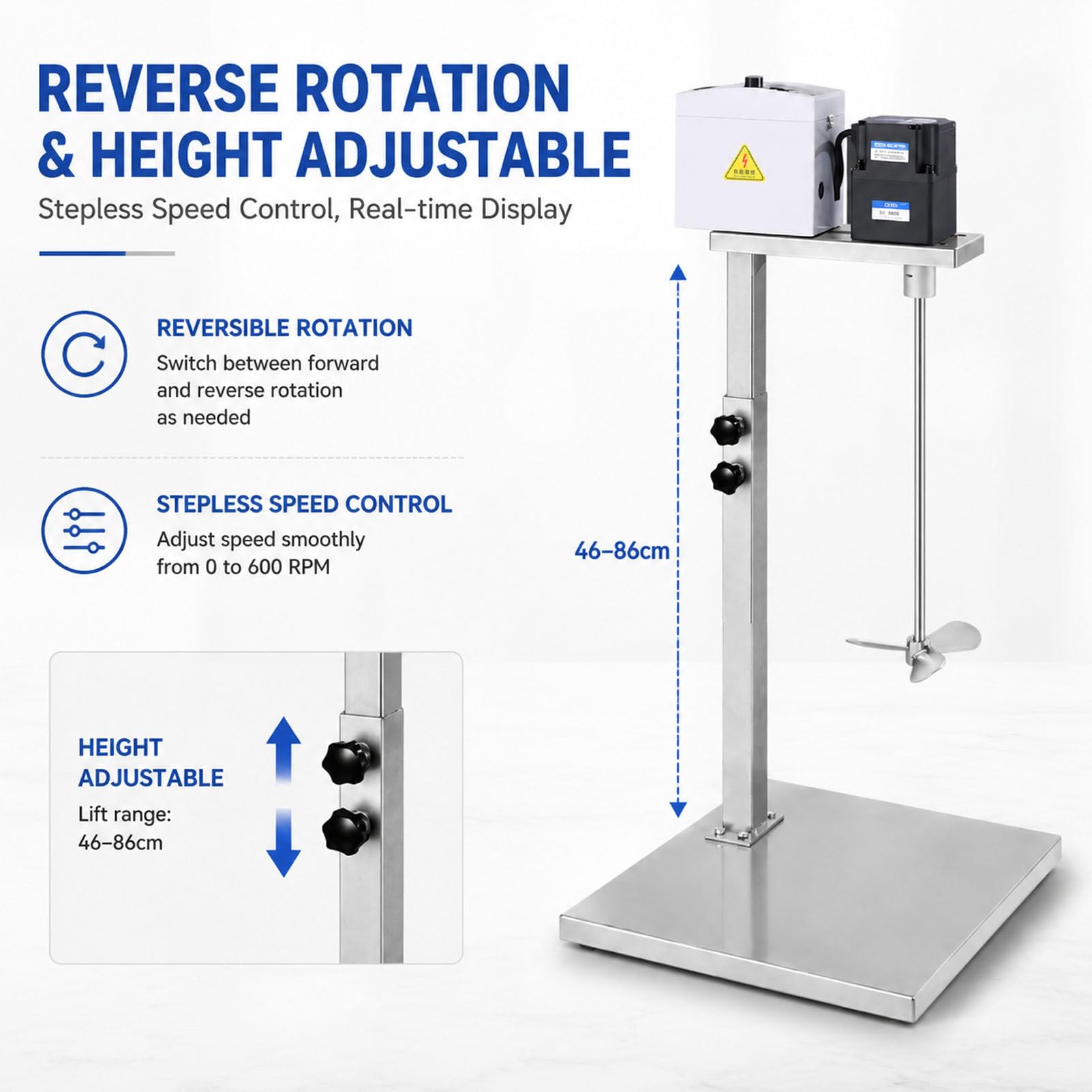 Agitador eléctrico para líquidos viscosos para Tinta 120W | Máquina mezcladora de pintura con velocidad ajustable de 0 a 600RPM y soporte de altura regulable Varilla de acero inoxidable
