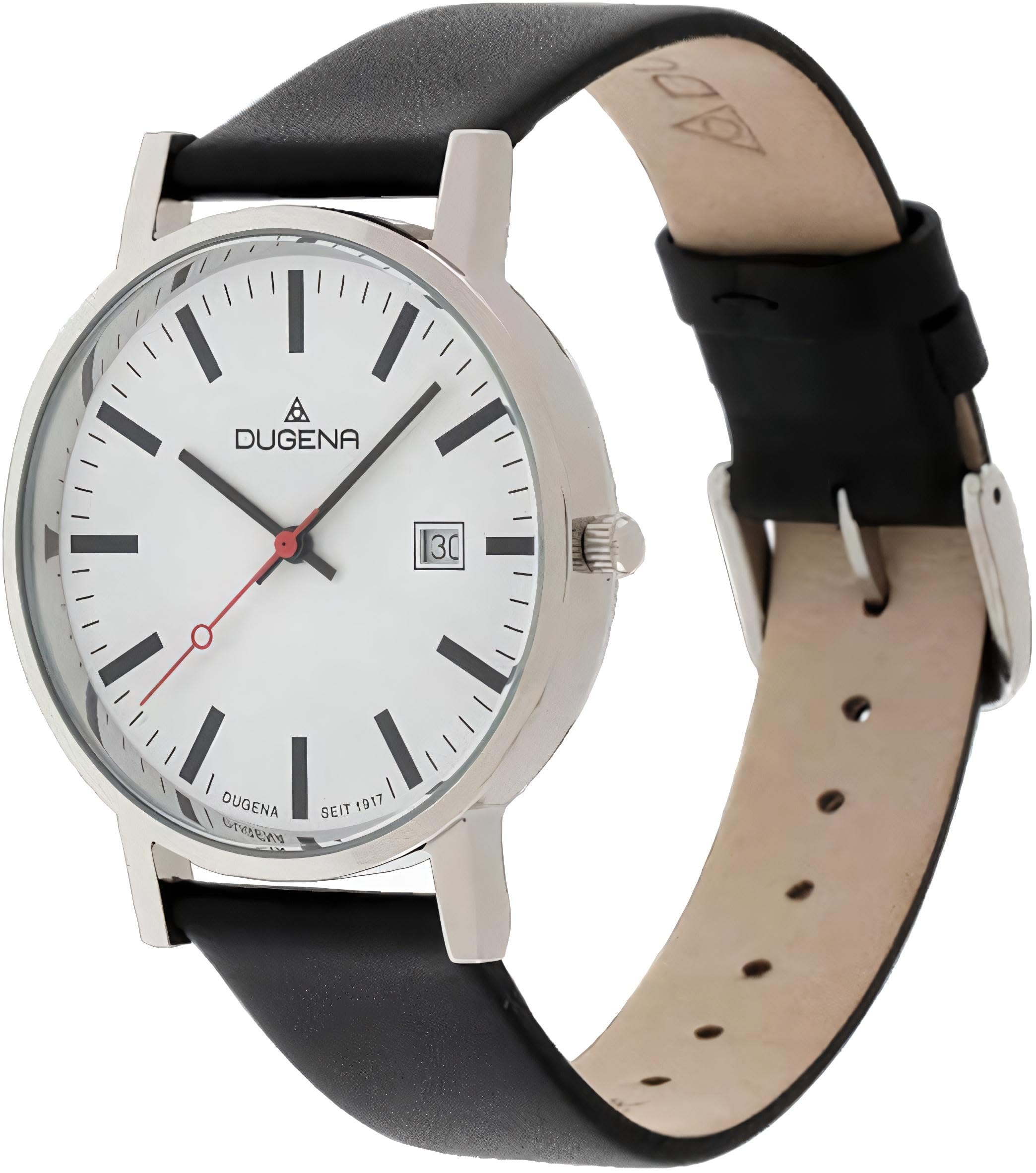 Dugena Herren Quarz-Armbanduhr, Bahnhofsuhr Design, Lederarmband, Moma, Schwarz/Silber, 4460339