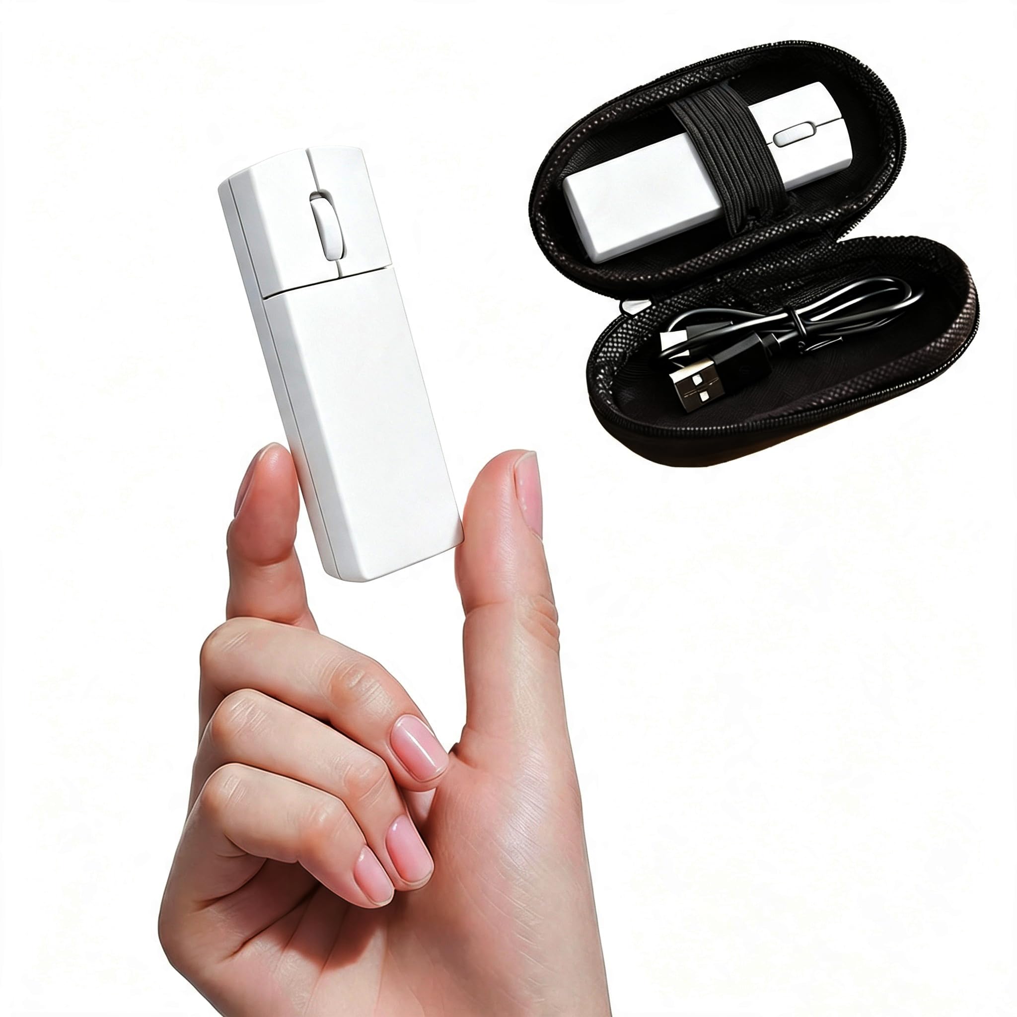 Mini-Bluetooth-Maus, kabellos, leise, Bluetooth 5.1/4.0 + 2.4 G USB, 2-in-1 tragbarer Seitenumkehrer, tragbare Air-Maus, wiederaufladbare Reisemaus mit Schutzbox, 1200 DPI Computer-Fingermäuse, Weiß