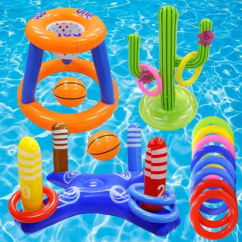 Pool Toys Games Set - Inflatable Basketball Hoop, Cross Ring Toss, and Cactus for Kids, Teens, and Adults