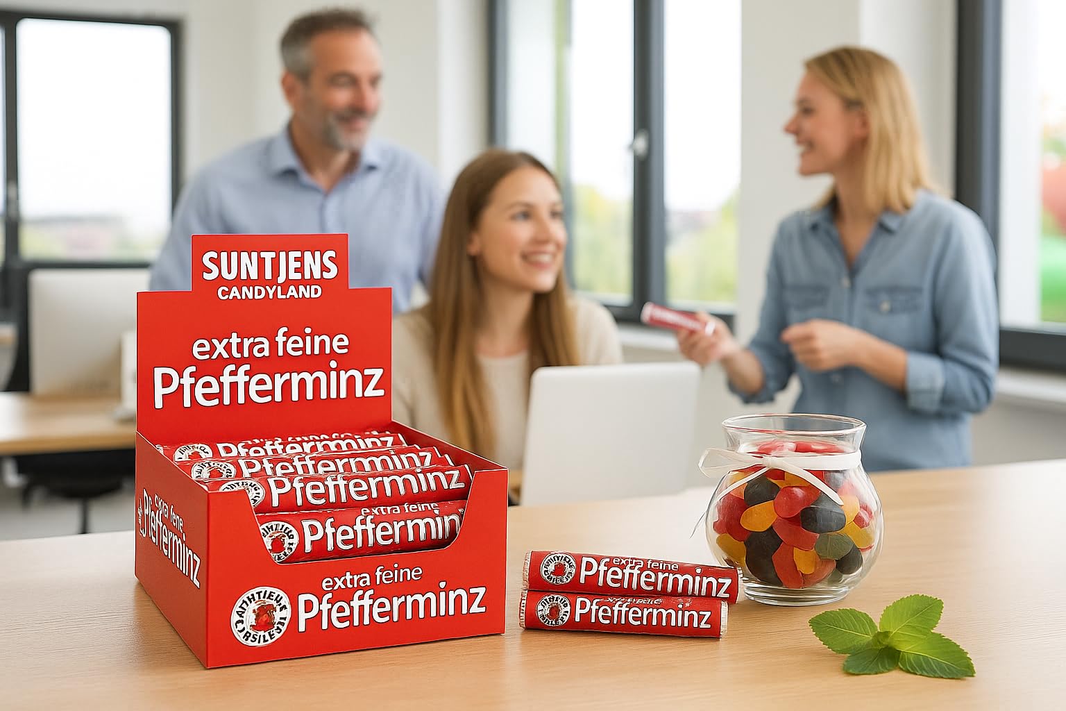 Suntjens Pfefferminzrollen 36 x 30g – extra feine Minzbonbons in der klassischen Rolle – Erfrischende Pfefferminze für unterwegs, Büro & Auto – ohne künstliche Farbstoffe